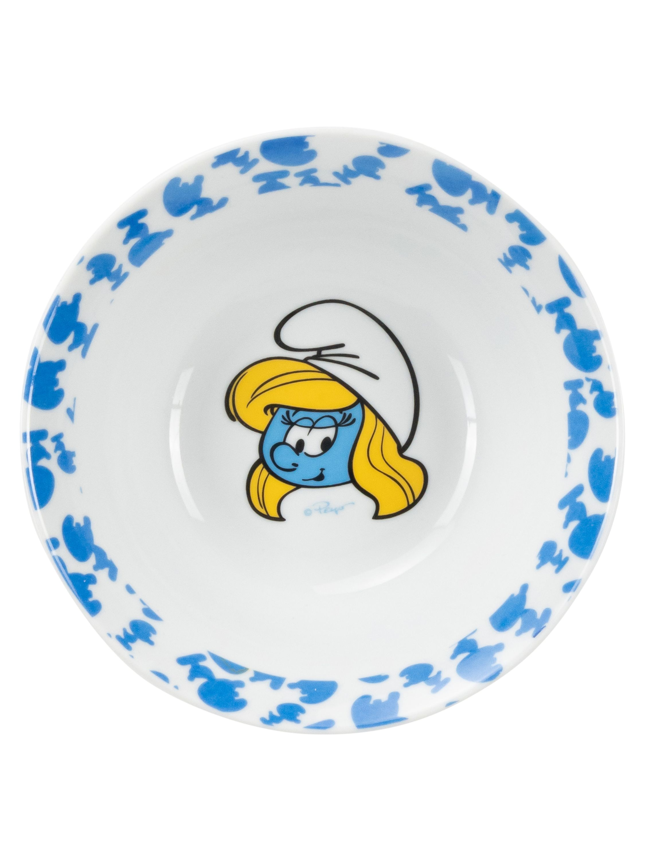 Weiße Schüssel mit blauem Schlumpf und blau bemalten Rändern.