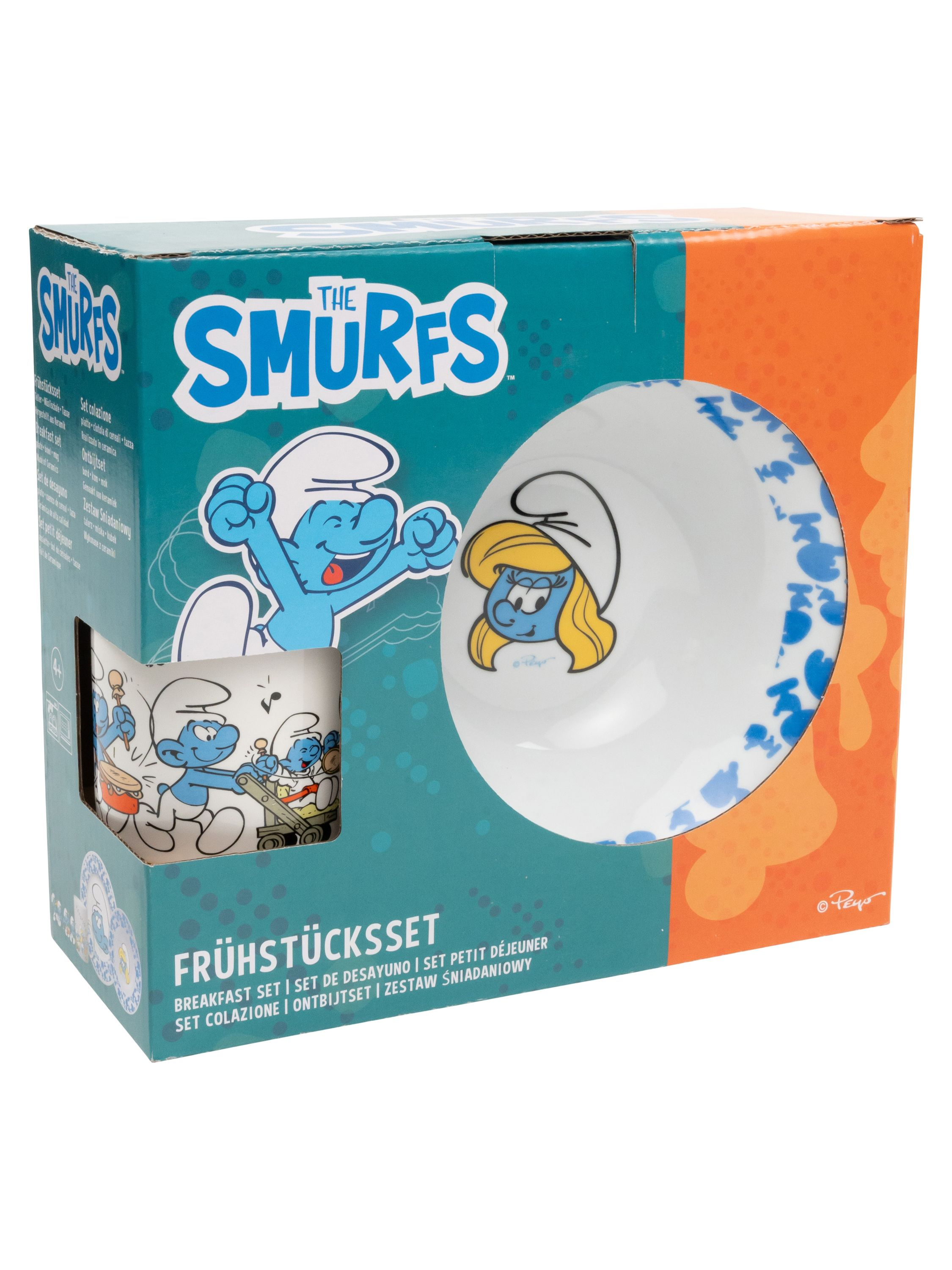 Eine Frühstücksbox mit Schlümpfen und dem Text 'FRÜHSTÜCKSSET' und 'BREAKFAST SET'.