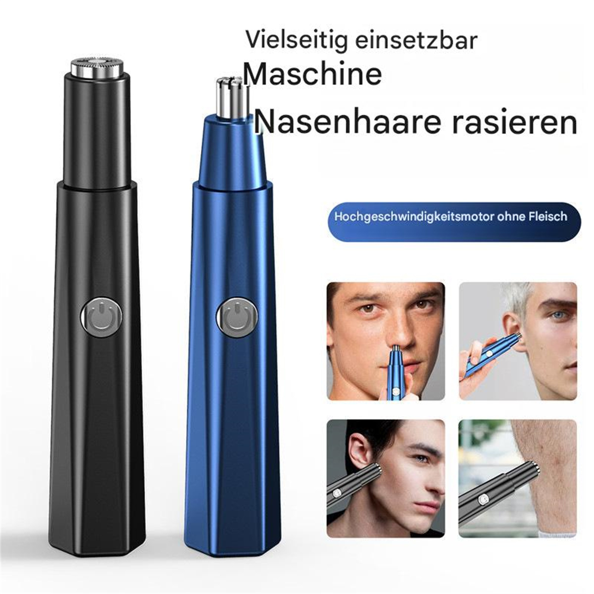 Nasenhaartrimmer in Schwarz und Blau mit Anwendungsbeispielen.