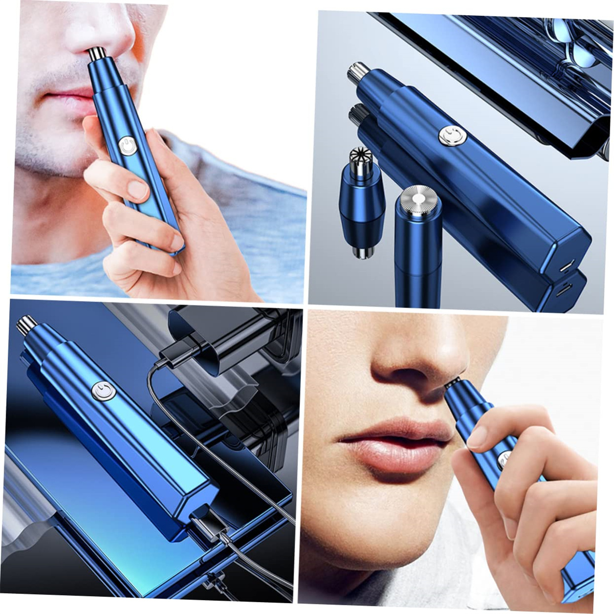 Ein blauer Nasenhaartrimmer. Zeigt Gerät, Aufladen und Anwendung. Mehrere Ansichten.
