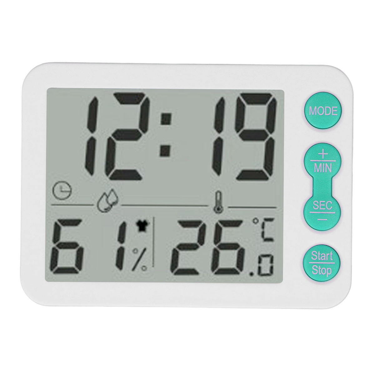 Weiße Digitaluhr. Zeigt Zeit, Luftfeuchtigkeit, Temperatur und Knöpfe an.