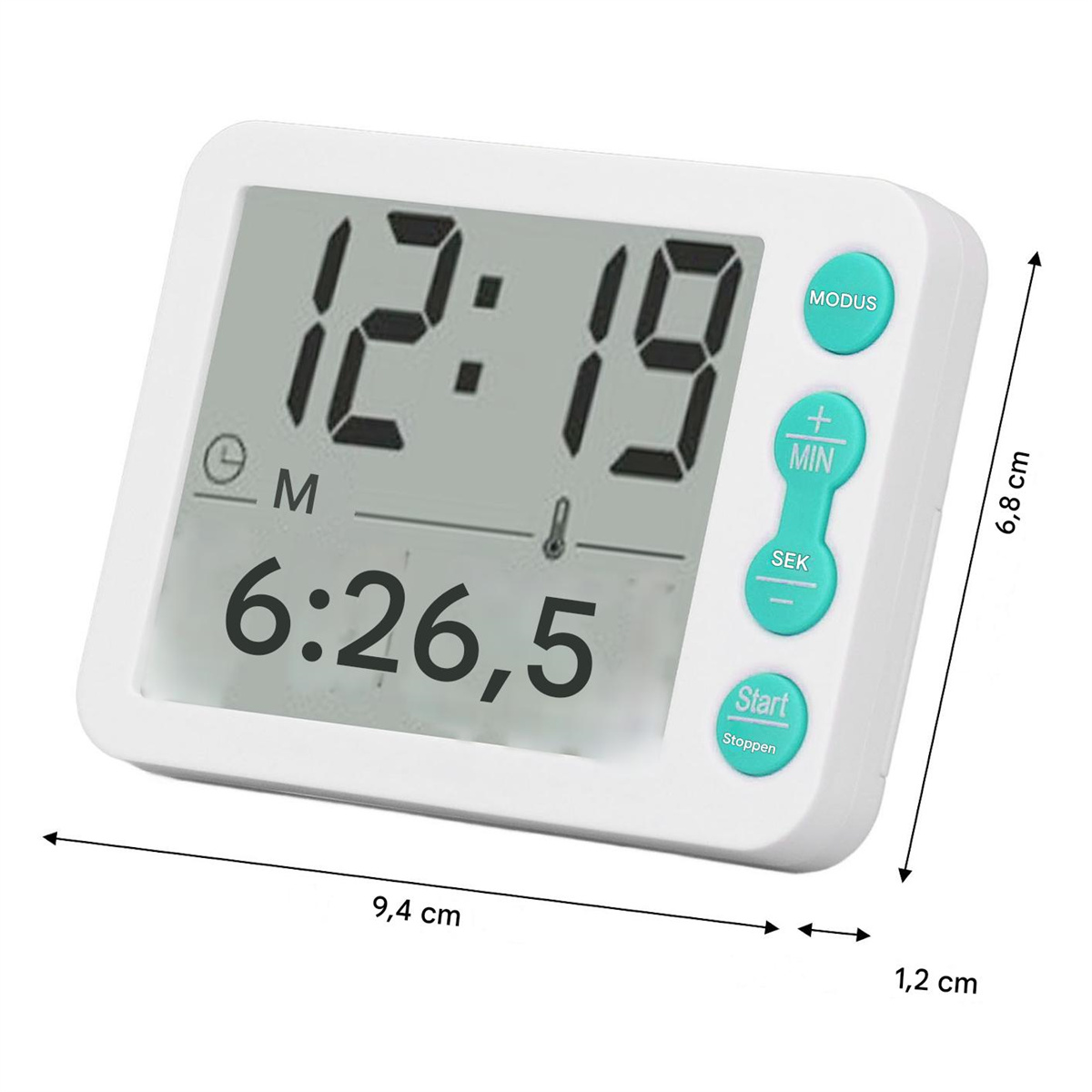 Weißer digitaler Küchentimer zeigt die Zeit an. Misst 9,4 cm lang, 6,8 cm hoch und 1,2 cm dick.
