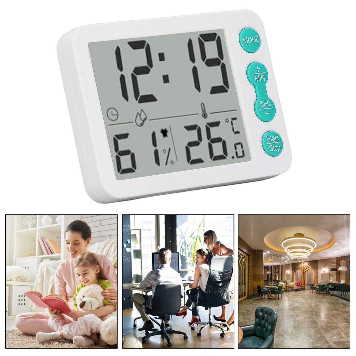 Digitaler Timer zeigt Zeit, Luftfeuchtigkeit und Temperatur an. Enthält eine Familie beim Lesen.