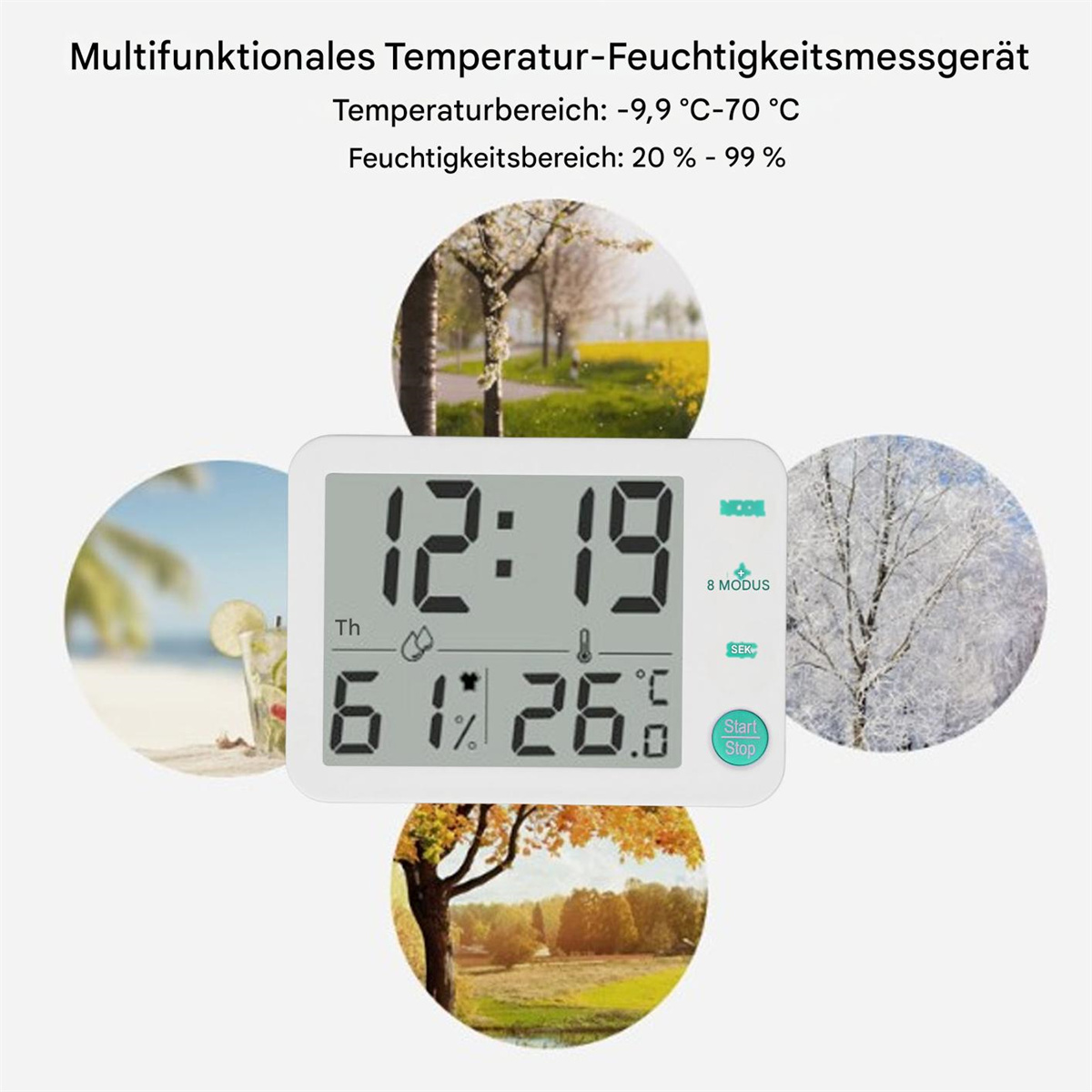 Ein digitales Gerät, das Zeit, Temperatur und Luftfeuchtigkeit anzeigt, mit vier Umweltbildern.