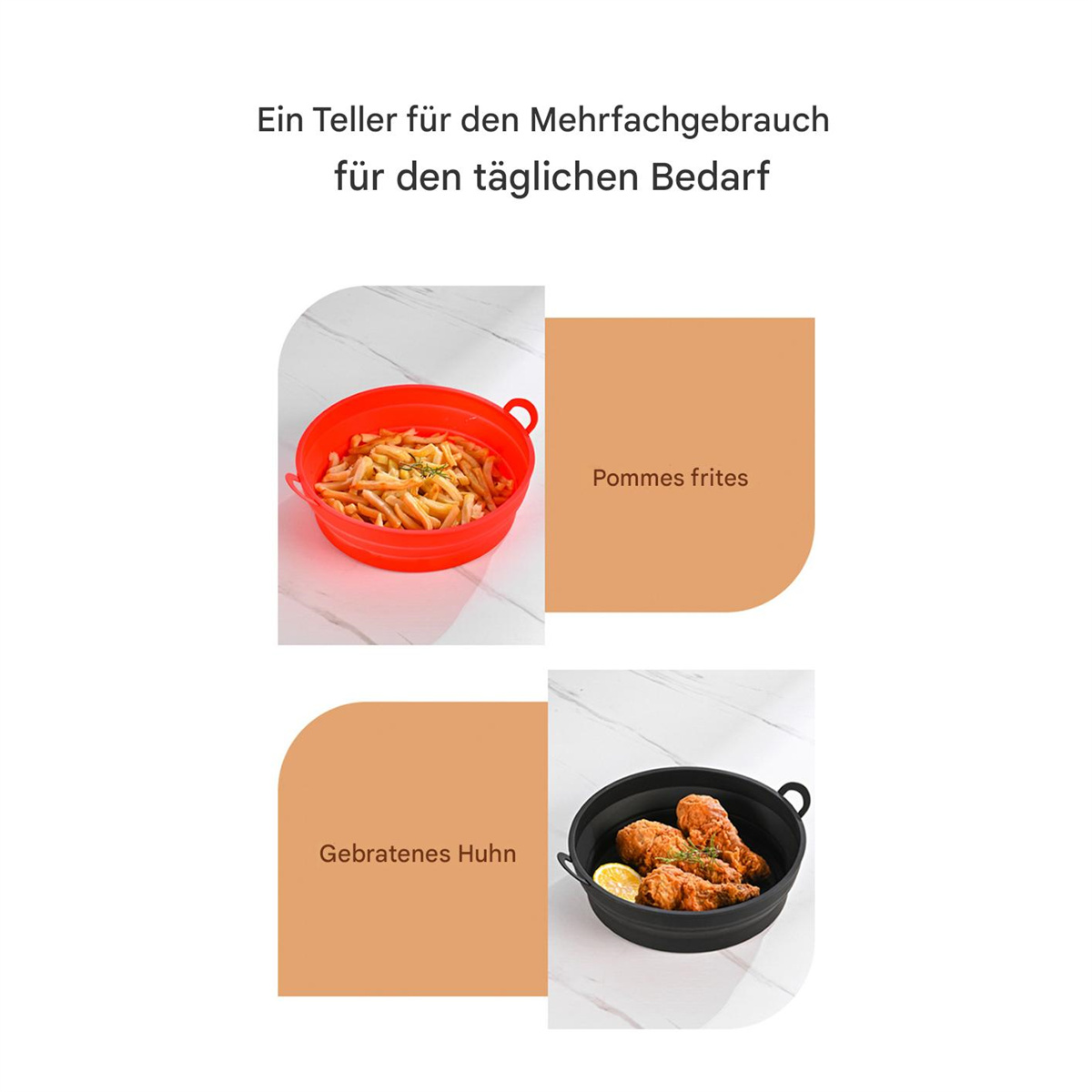Bilder von Pommes und Brathähnchen in roten und schwarzen Behältern.