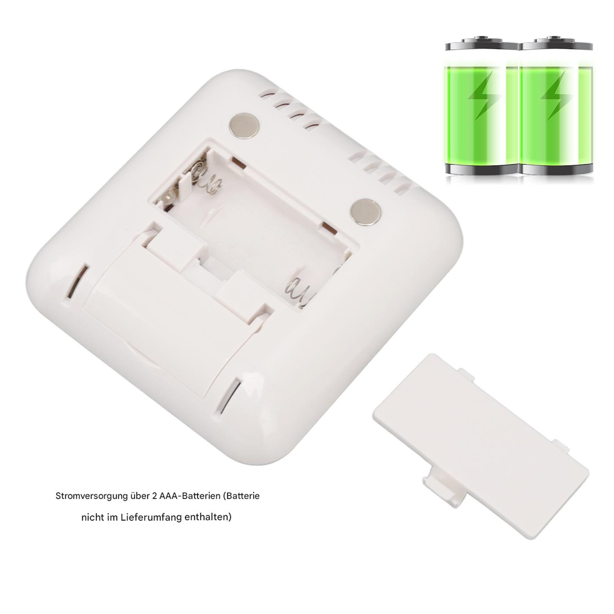 Die Unterseite eines weißen Geräts mit Batteriefächern und abgenommenem Deckel auf weißer Oberfläche.