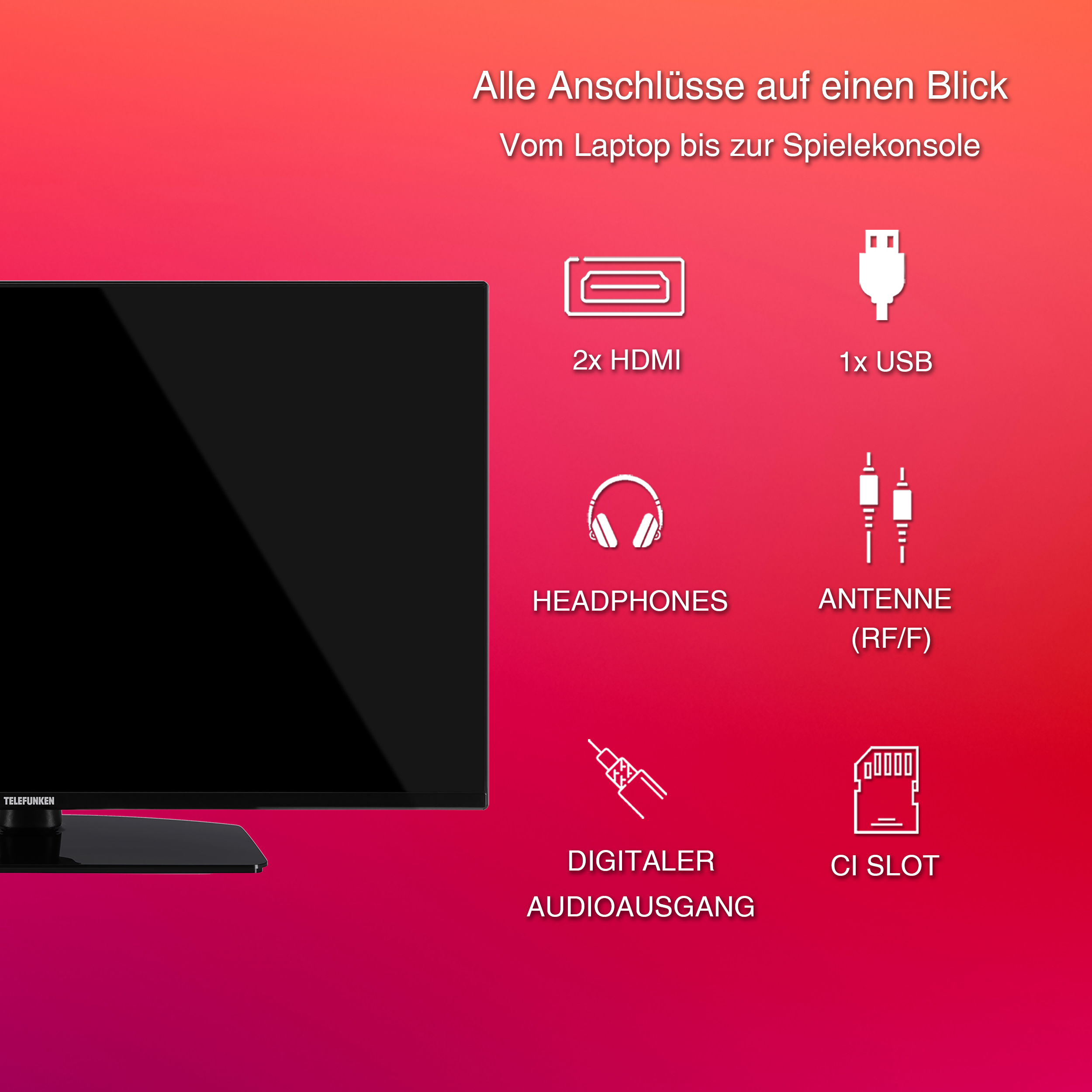 TV mit Anschlüssen: 2 HDMI, 1 USB, Kopfhörer, Antenne, digitaler Audioausgang und CI-Slot.