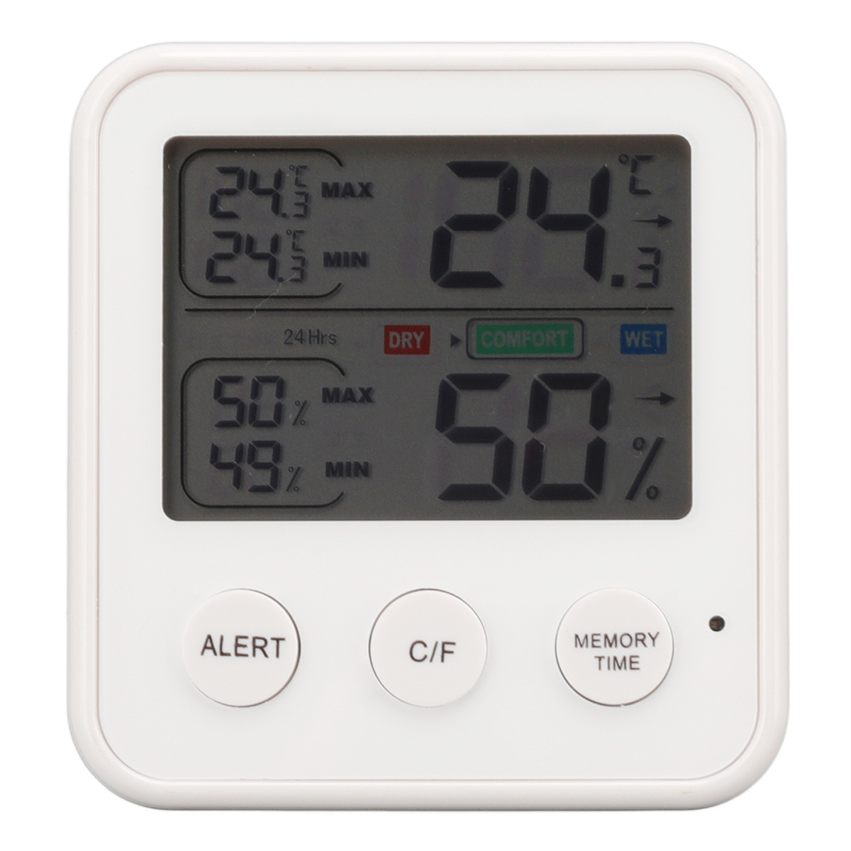 Ein weißes digitales Thermometer zeigt Temperatur und Luftfeuchtigkeit.
