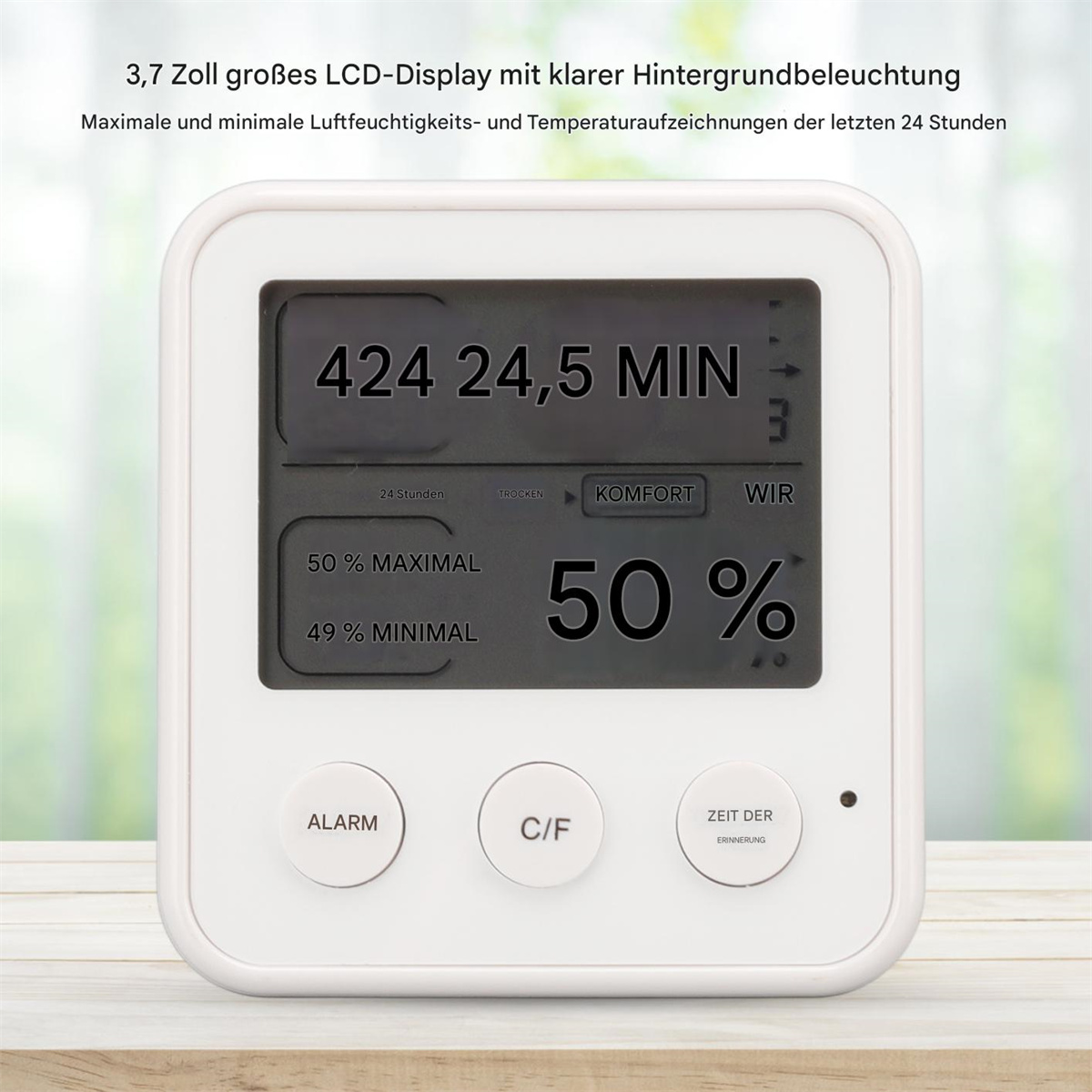 Eine weiße Digitaluhr mit einem Display, das Zahlen und Einstellungen anzeigt.