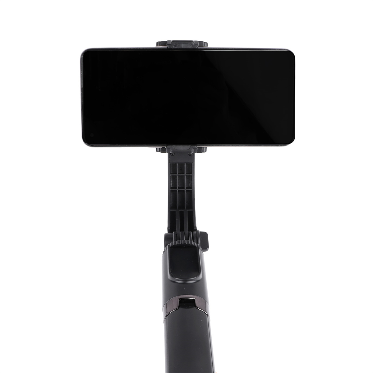 Schwarzes Telefon auf schwarzem Selfie-Stick, vor weißem Hintergrund.