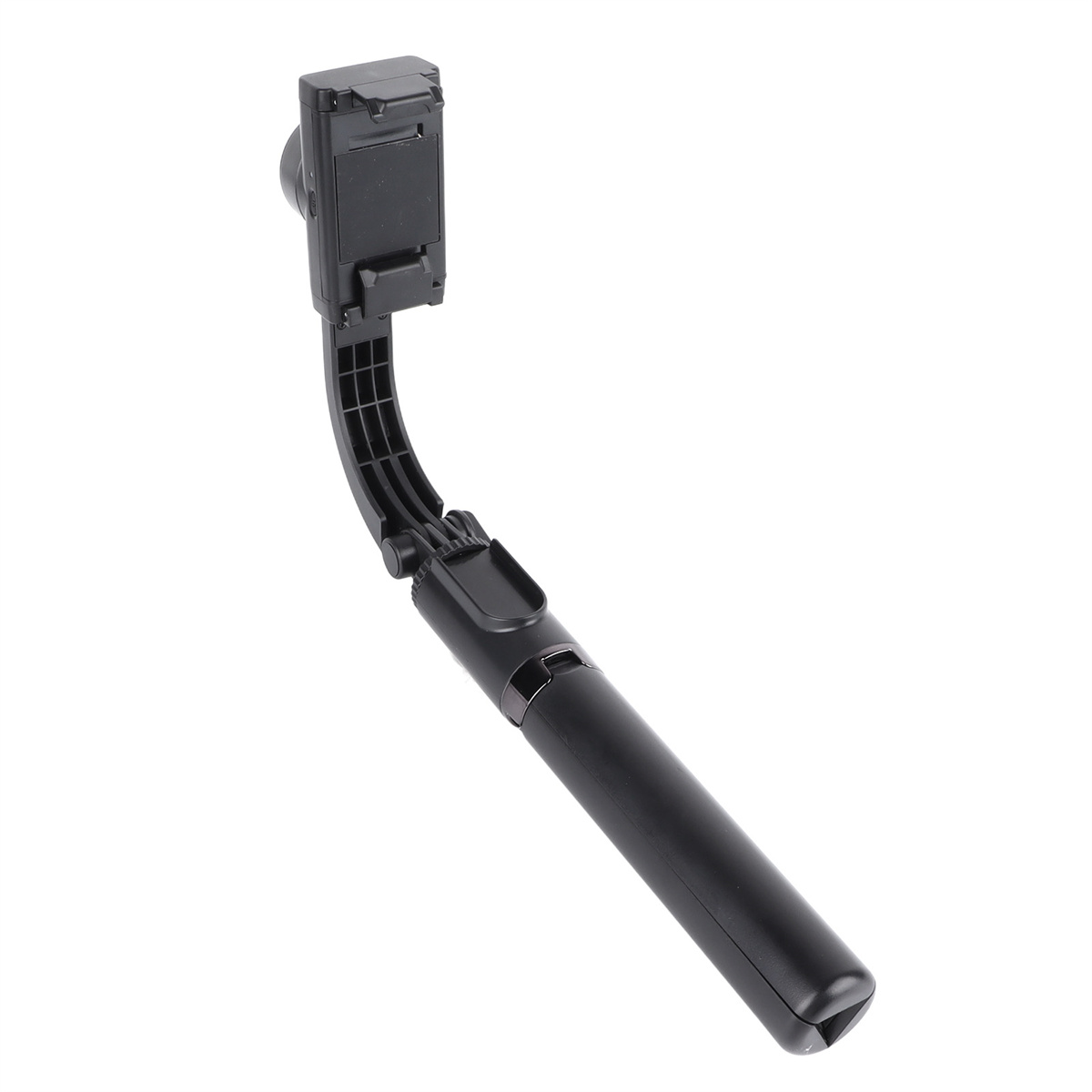 Schwarzer Selfie-Stick, ausgezogen, mit Telefonhalterung oben, nach oben abgewinkelt.