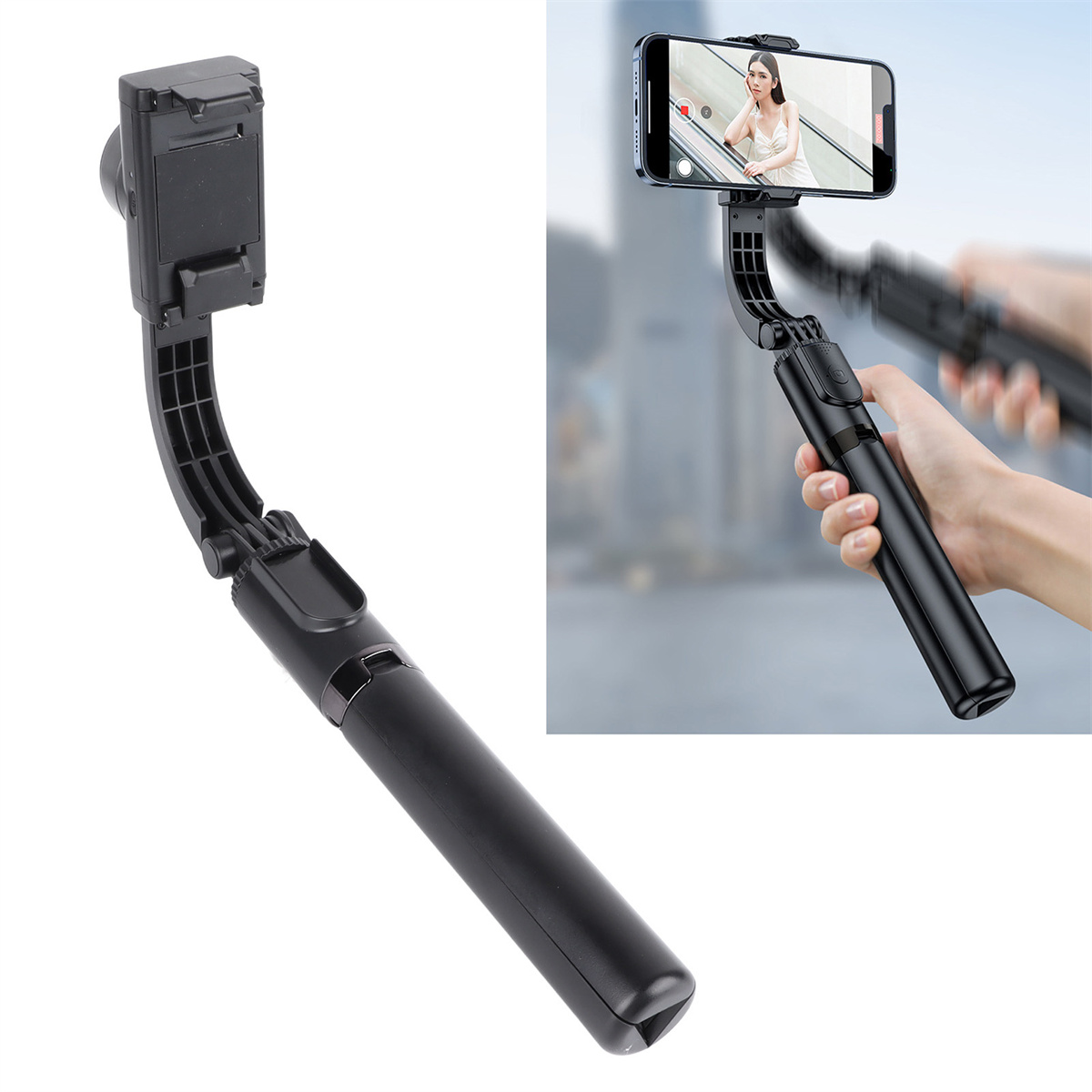 Ein schwarzer Selfie-Stick mit einem daran befestigten Telefon, auf dem eine Frau zu sehen ist. Der Stick ist ausgefahren.