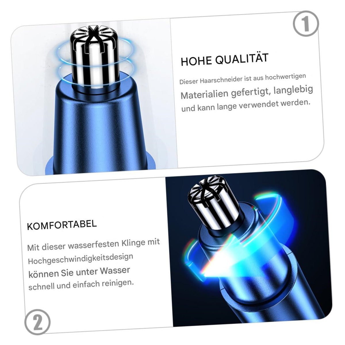 Nahaufnahme eines blauen elektrischen Nasenhaartrimmers. Oben sind die Schneidklingen zu sehen. Textfelder sind vorhanden.