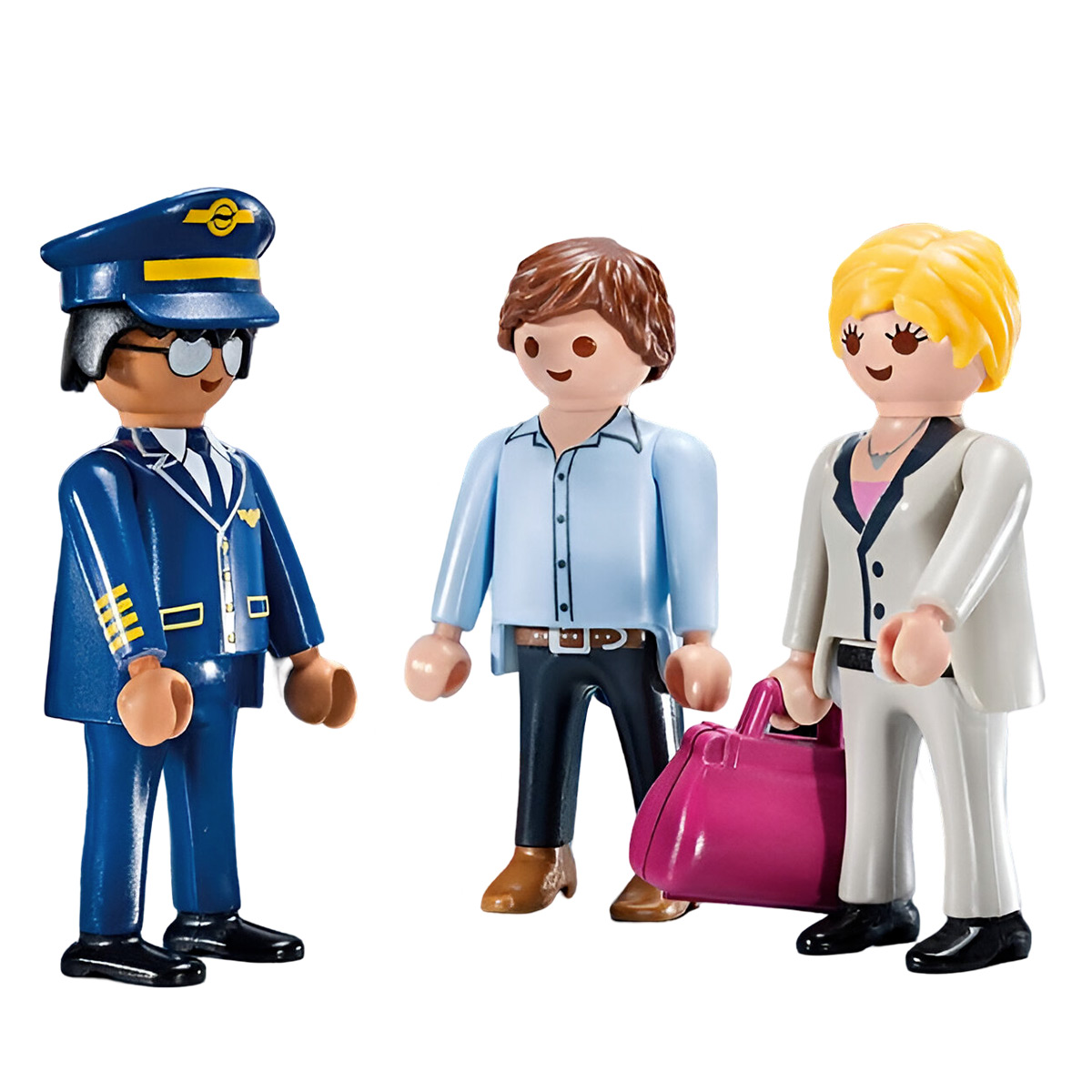 Tre figure Playmobil: pilota in uniforme blu, uomo in camicia blu e donna in tailleur bianco, con borsa.