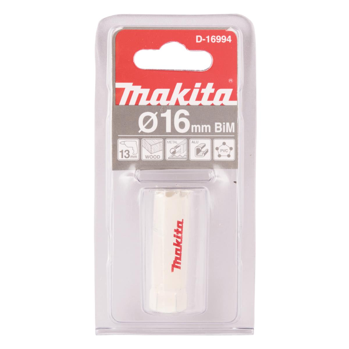 Makita-Bohrerverpackung, ein weißer Bohrer in einem transparenten Kunststoffgehäuse, auf weißem Hintergrund.