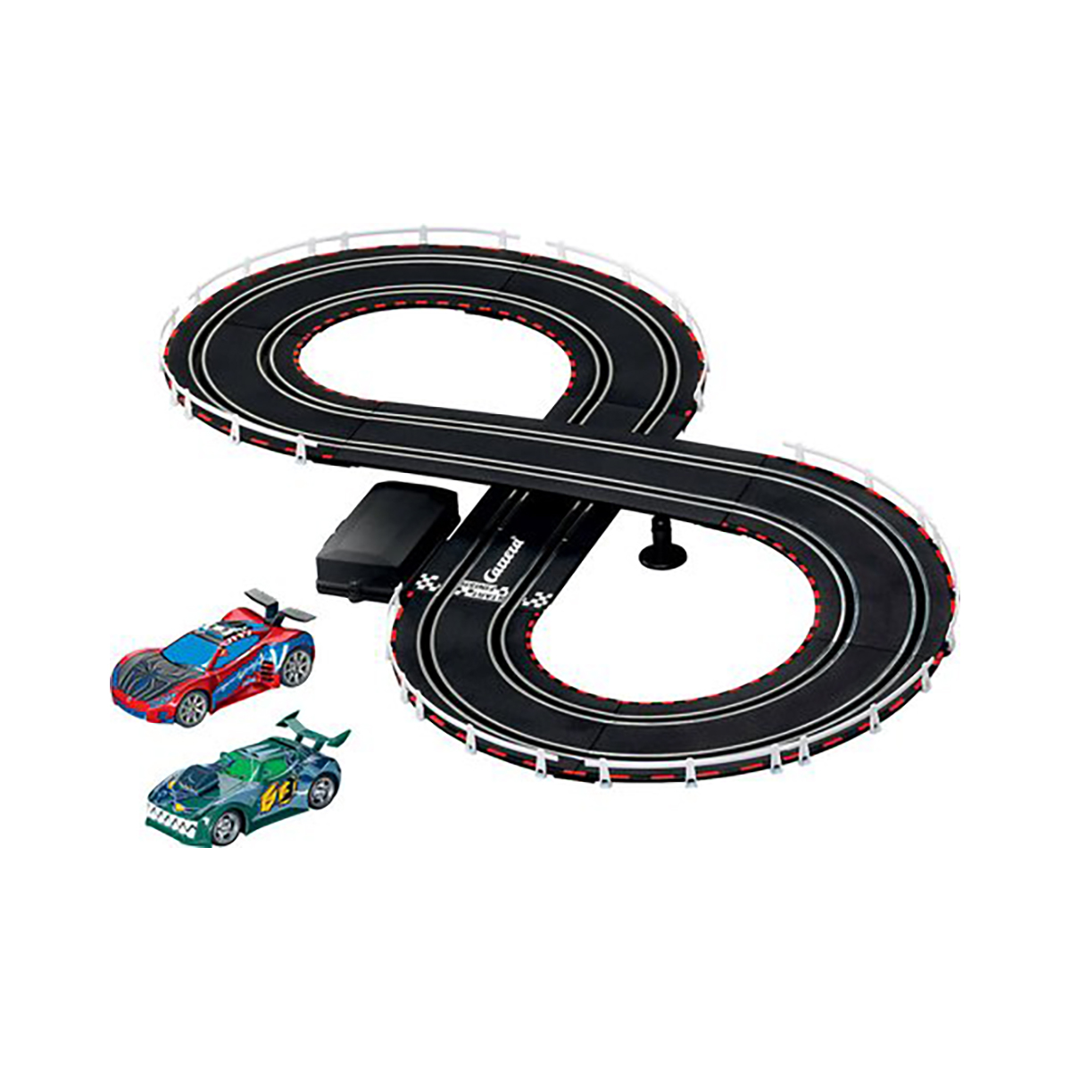 Una pista di macchinine con due auto. Pista nera, bordi bianchi.