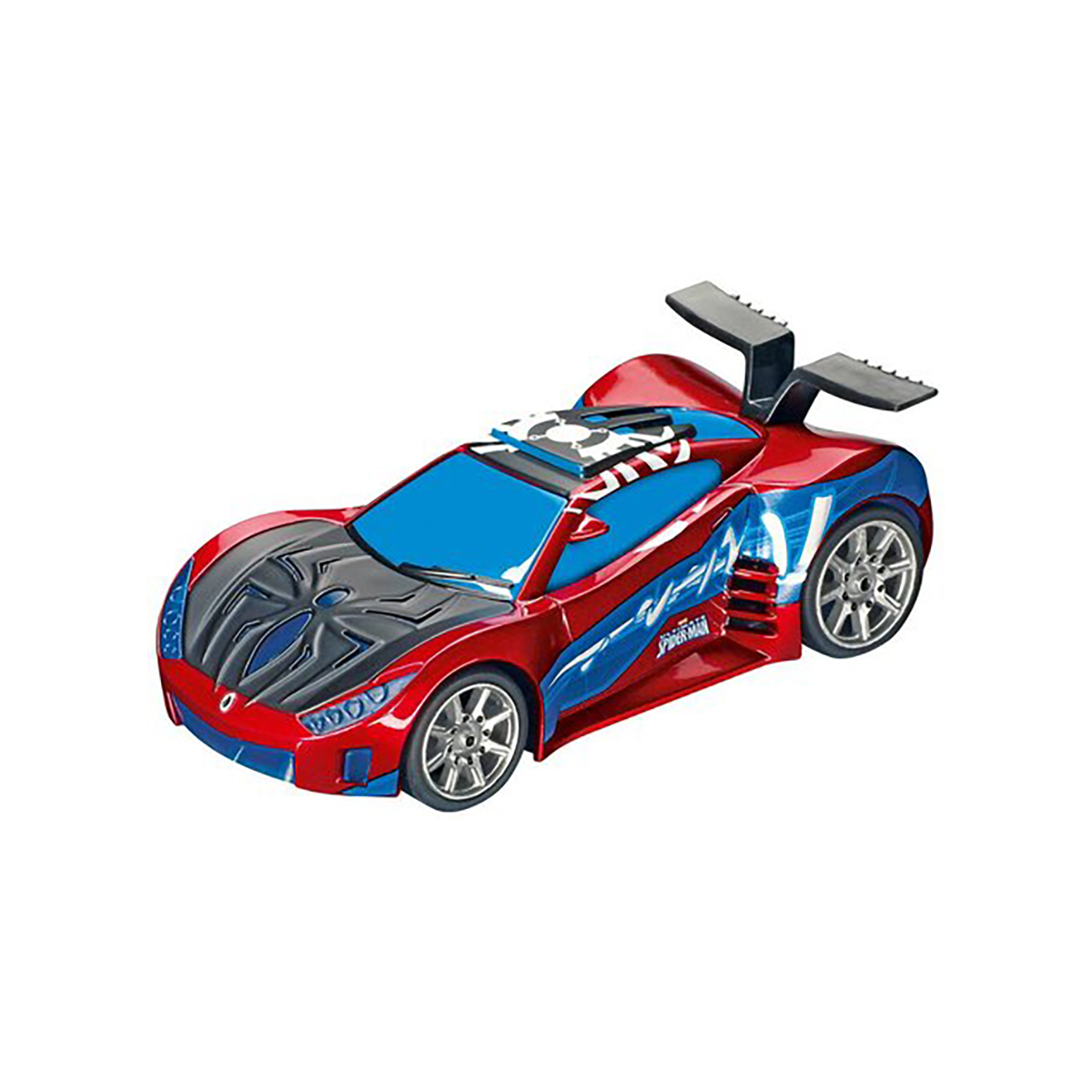 Macchina giocattolo di Spider-Man rossa e blu con cofano nero, ruote argentate e sfondo bianco.