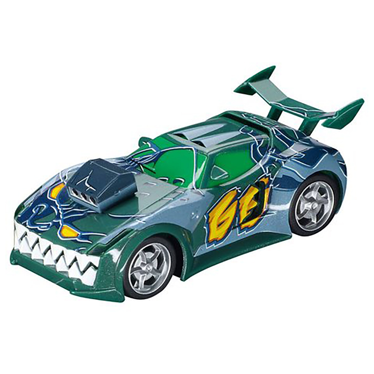 Un'auto giocattolo verde e blu con uno spoiler. È un'auto da corsa con un design a denti.