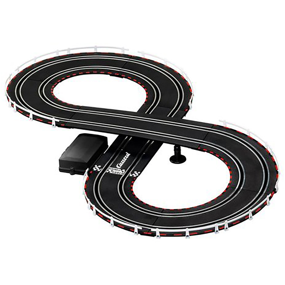 Una pista di slot car Carrera nera e rossa a forma di infinito, su sfondo bianco.