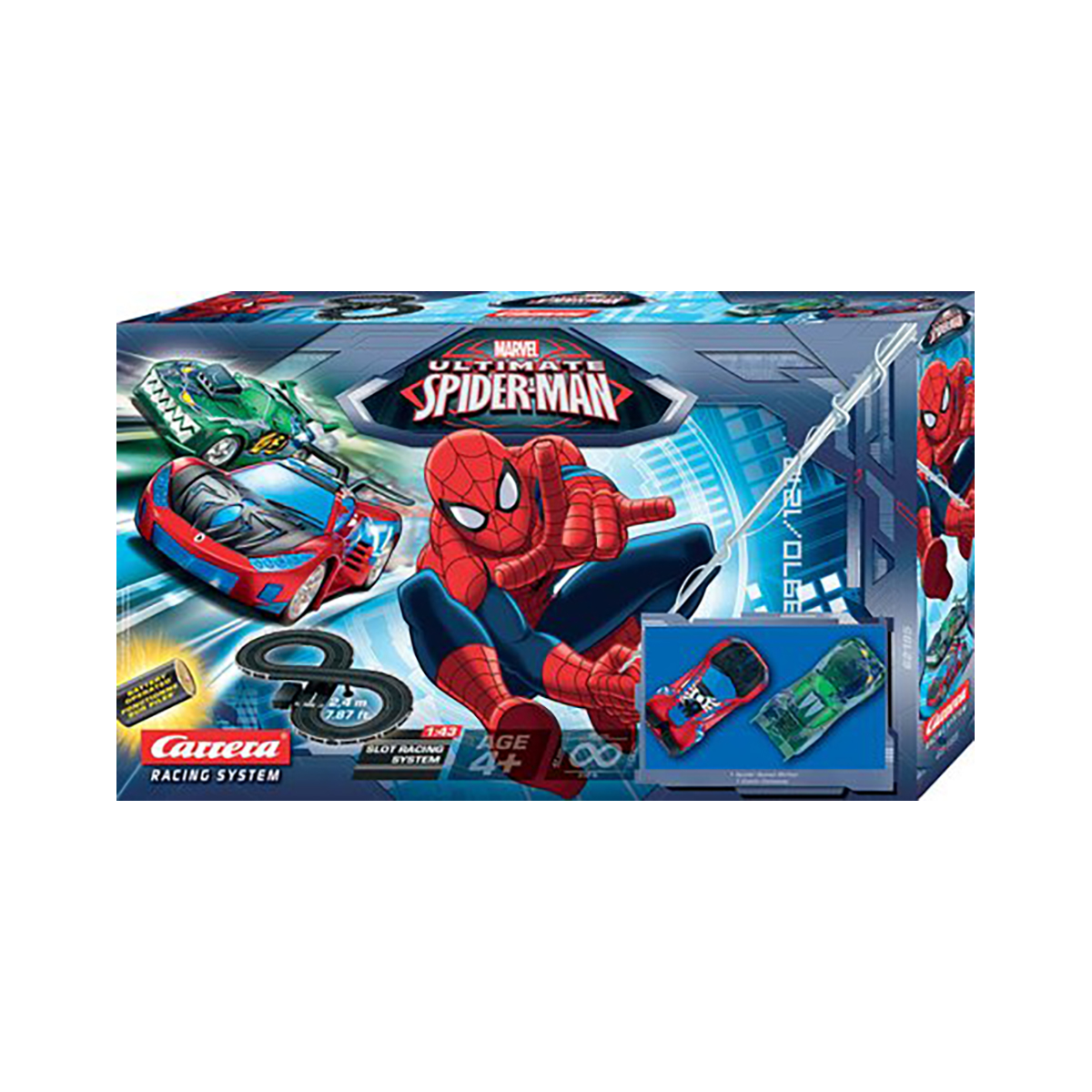 Una scatola del gioco di corse Marvel Ultimate Spider-Man. Ha macchinine, una pista e una figura di Spider-Man.