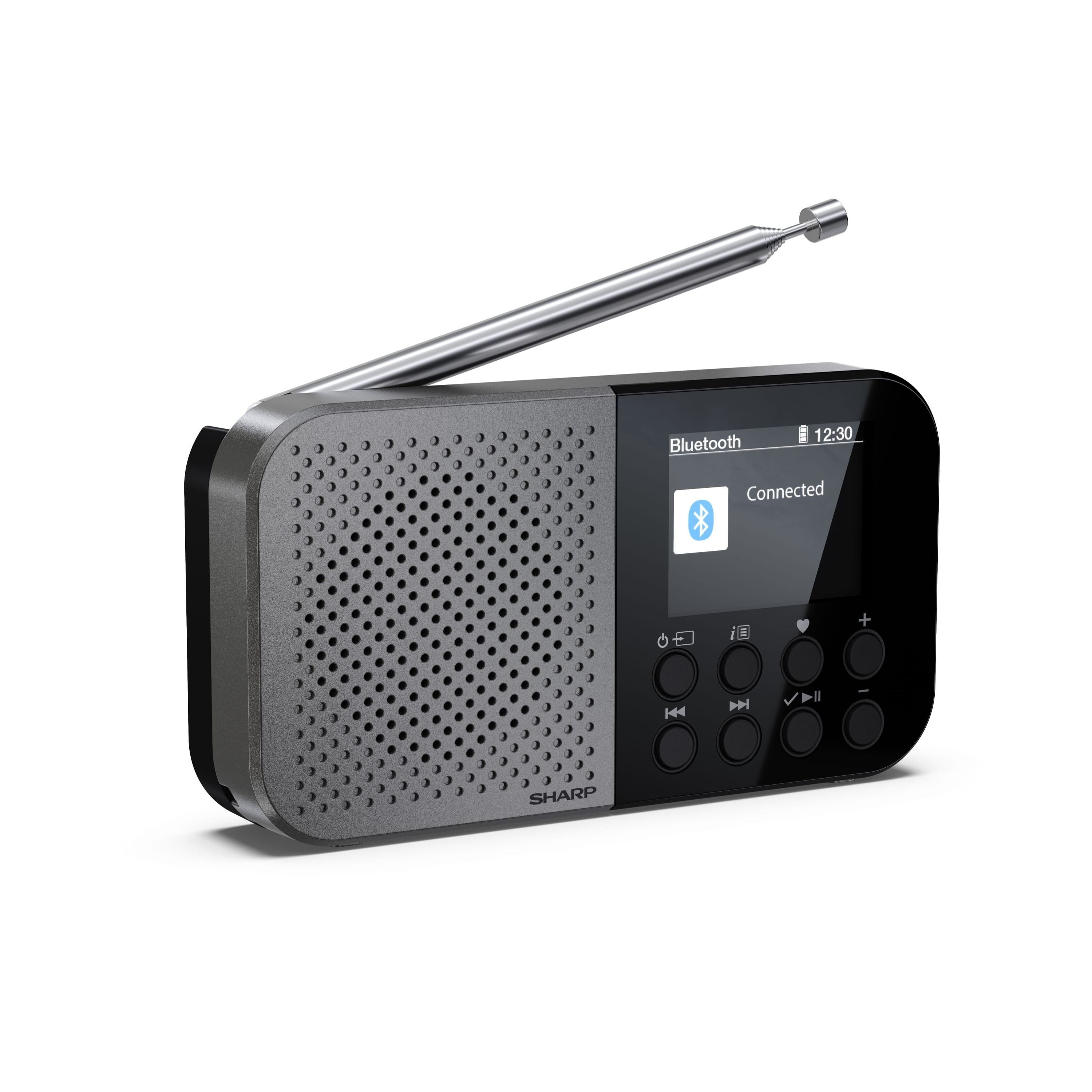 Zwarte en grijze Sharp radio met uitgeschoven antenne. Scherm toont Bluetooth icoon.
