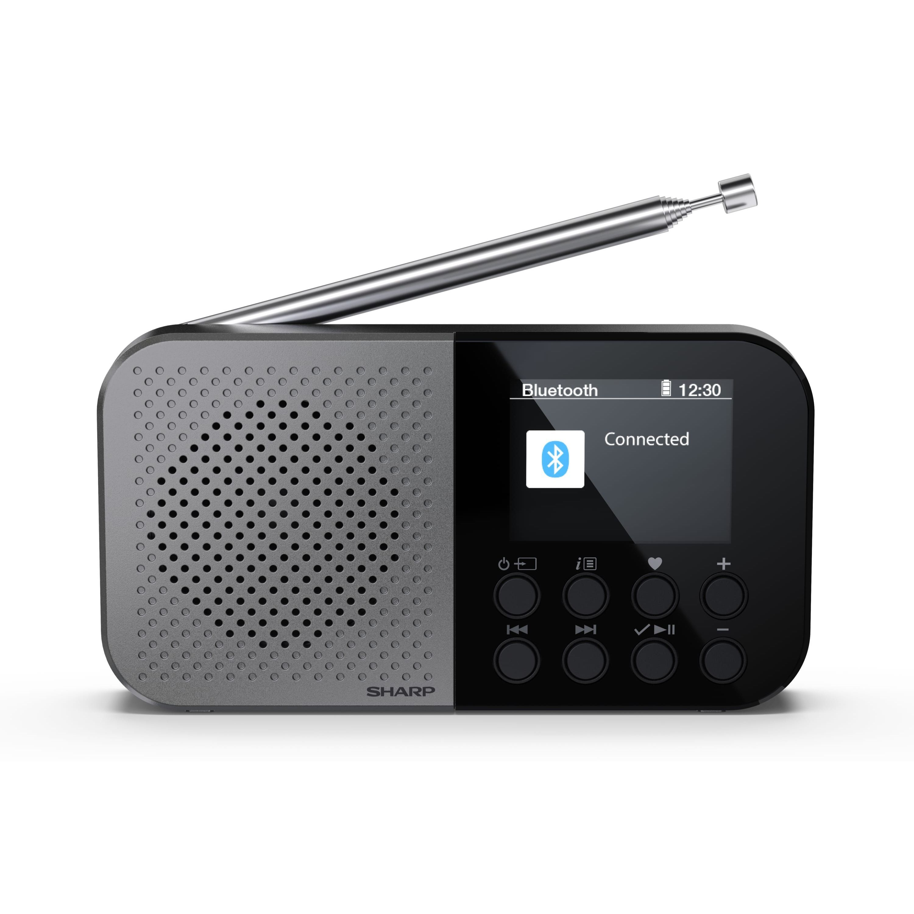Grijze en zwarte radio met zilveren antenne en scherm met 'Bluetooth Connected'.