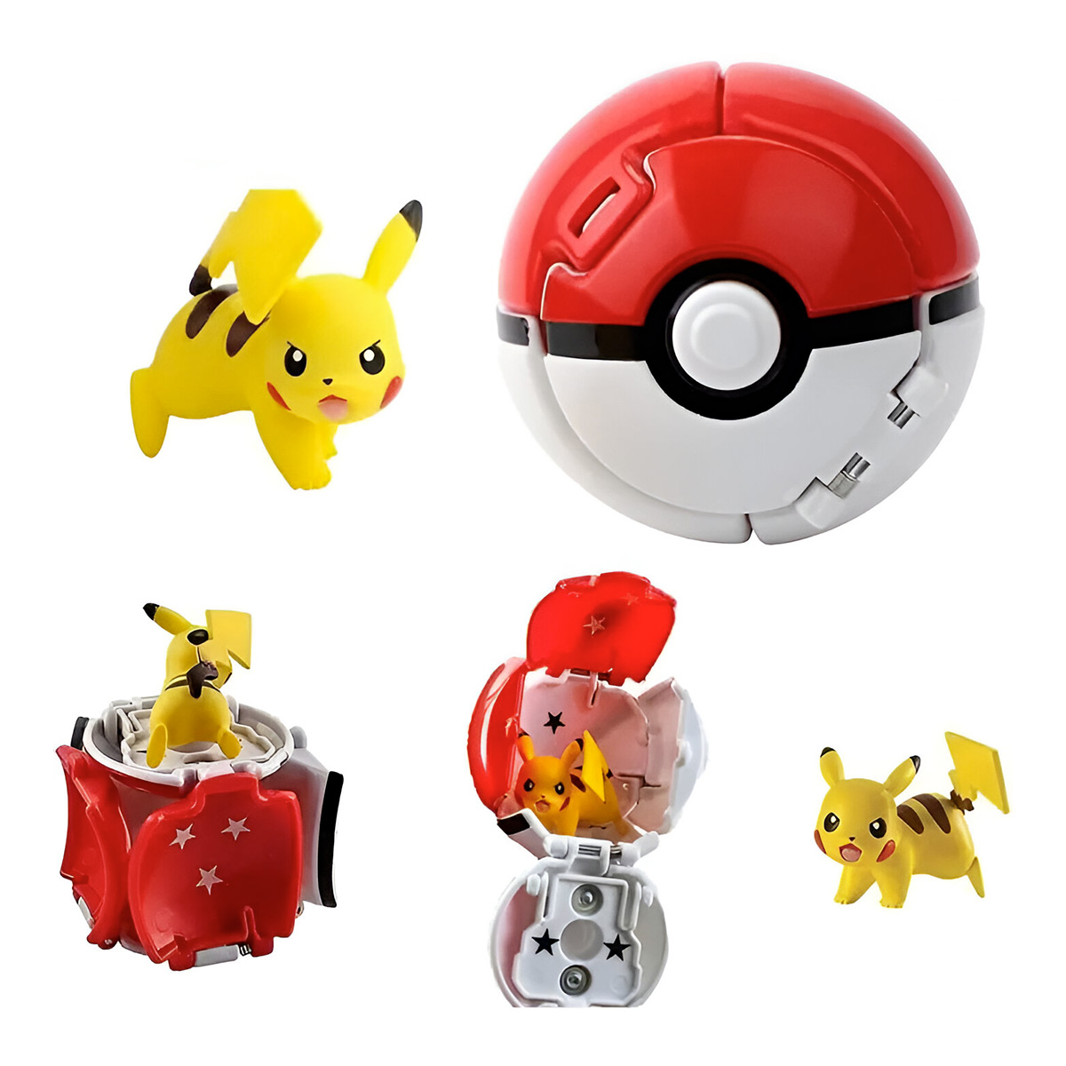 Più giocattoli Pokémon e una Poké Ball, tra cui una figura di Pikachu e un giocattolo palla trasformabile.