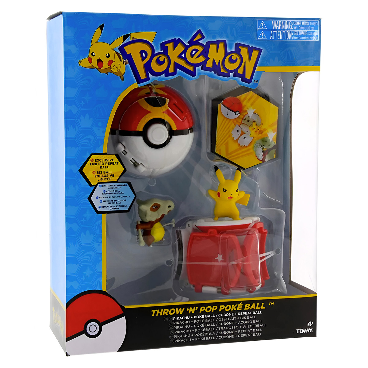 Un set di giocattoli Pokémon con una palla, Pikachu e altre figure. La scatola ha loghi e testo.
