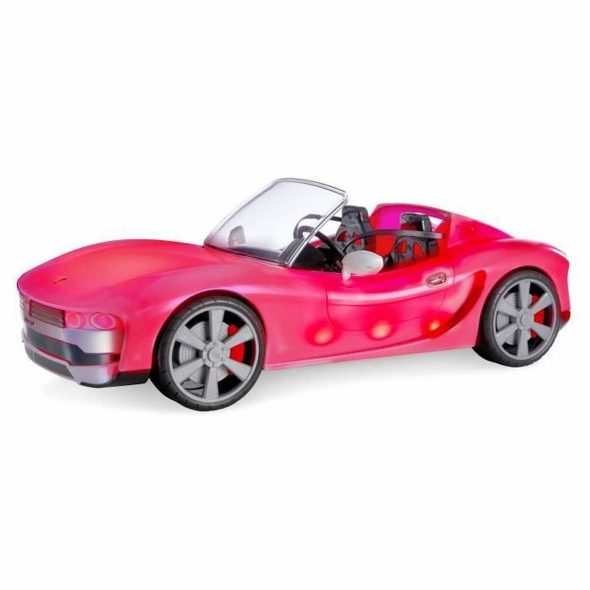 Hellrosa Cabrio mit silbernem Innenraum und Rädern auf weißem Hintergrund.
