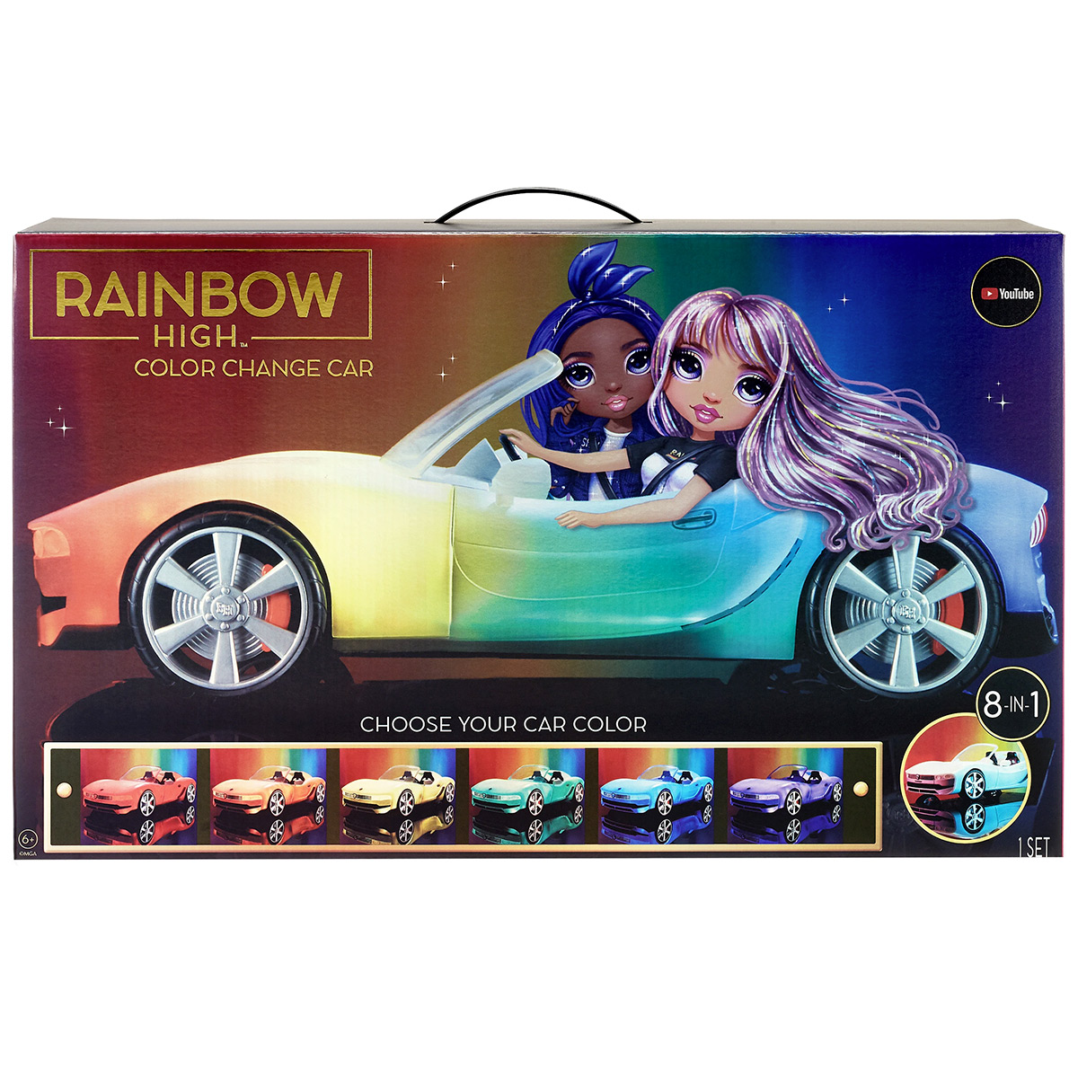 Box mit Spielzeugauto, zwei Puppen im Auto und Farbauswahl für das Rainbow High Auto.