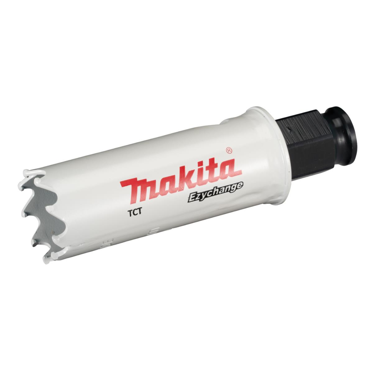 Weiß-graue Makita Lochsäge mit Markennamen. Schwarz-weißer Hintergrund.