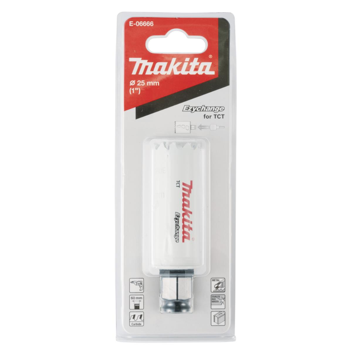 Makita Lochsäge in der Verpackung. Weiße Säge mit schwarzen und silbernen Details in Klarsichtverpackung.