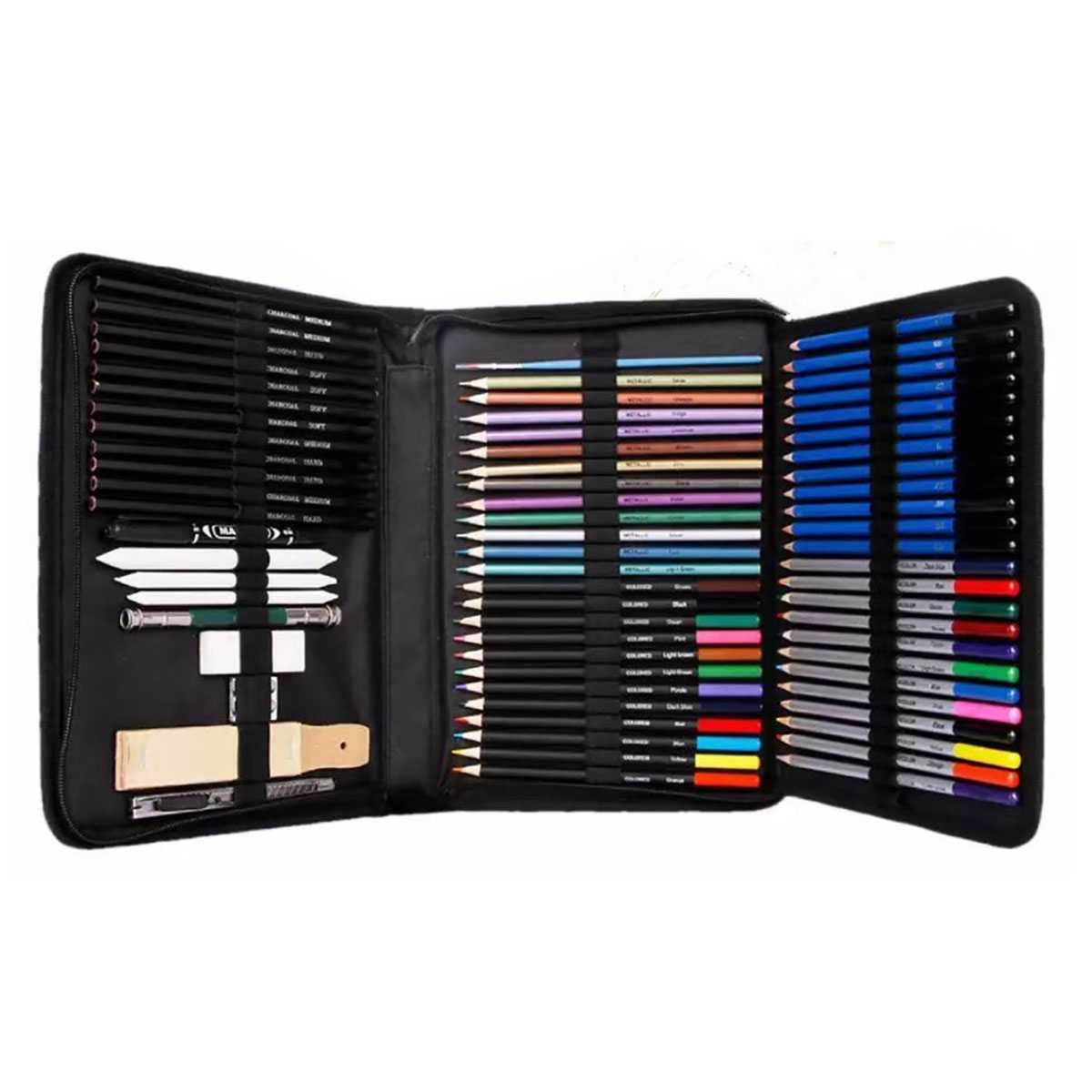 Un astuccio nero aperto, pieno di matite colorate.