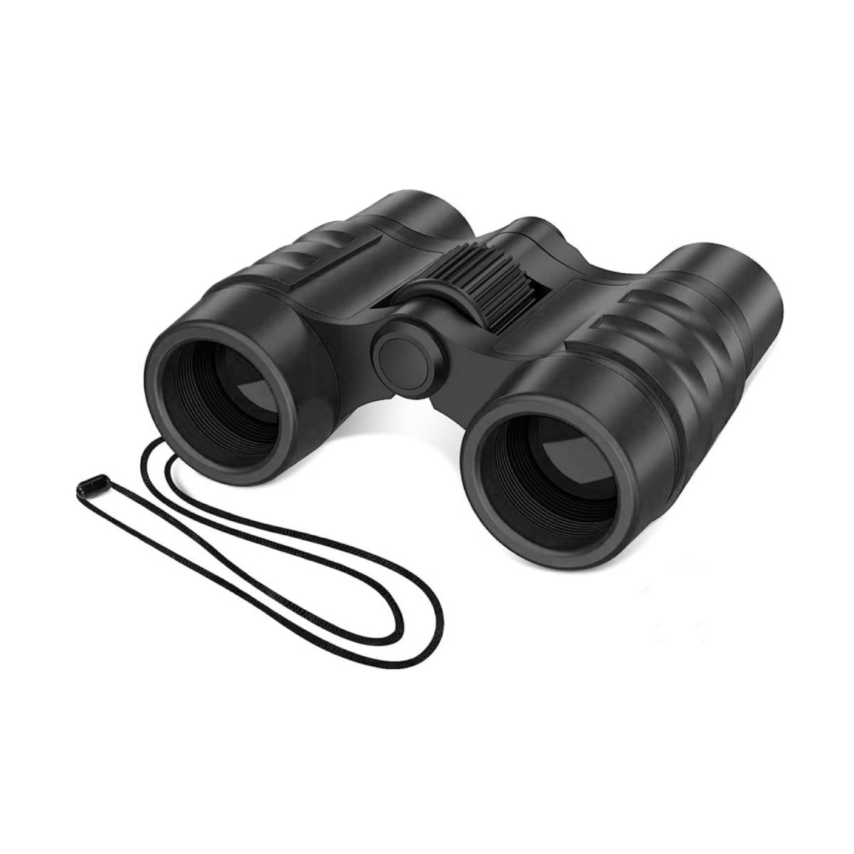 Binocolo nero con cinturino da collo su sfondo bianco. Le lenti sono visibili.