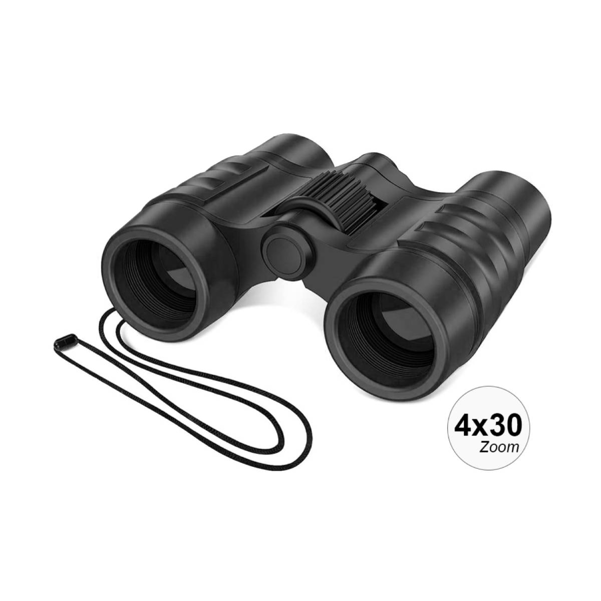 Binocolo nero con cinturino nero. Lo zoom è 4x30. Sfondo bianco.