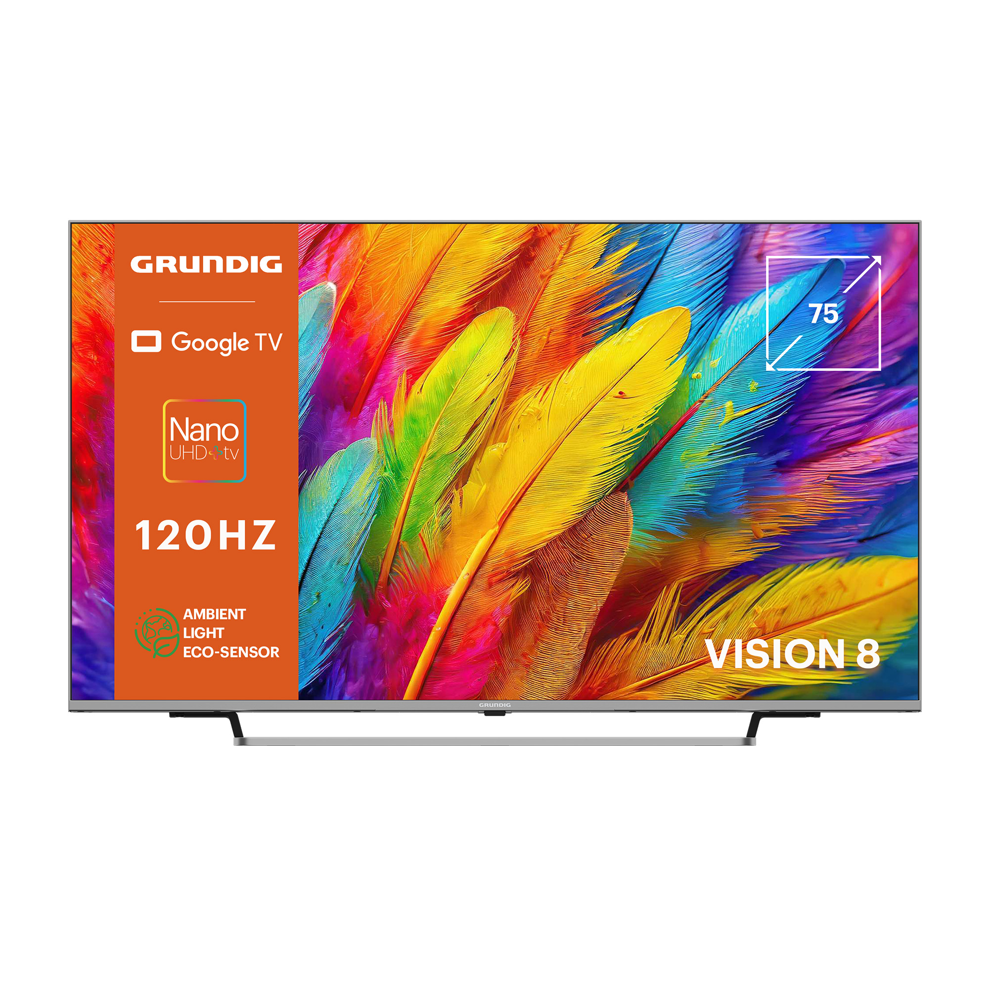 Ein 75-Zoll-Grundig-Fernseher mit bunten Federn auf dem Bildschirm und Text links.