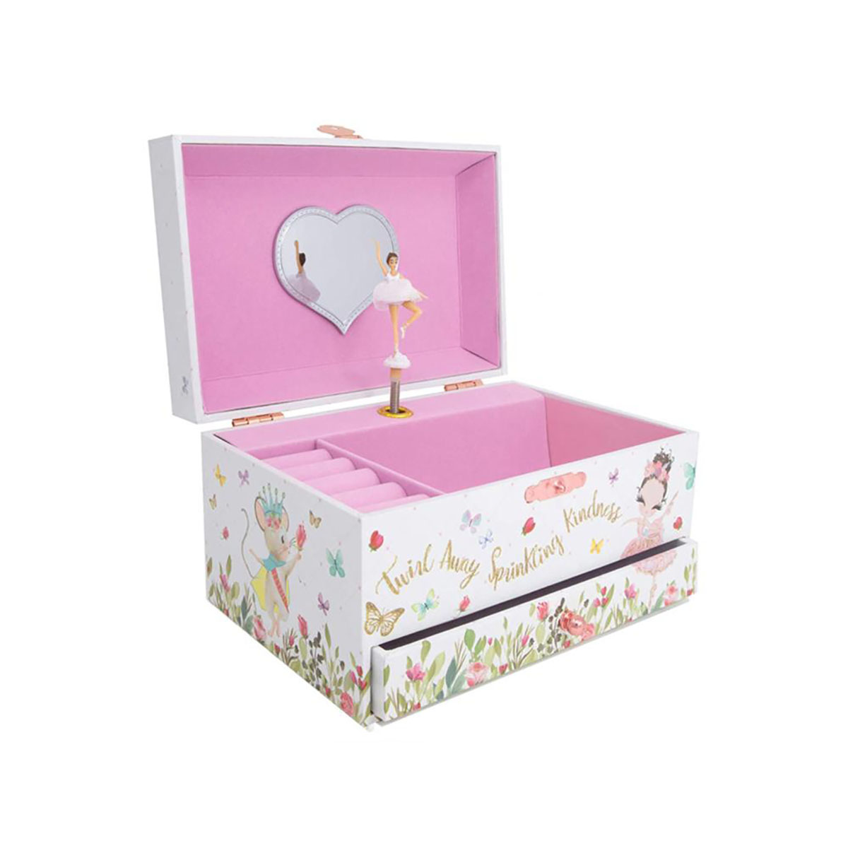 Una scatola portagioie bianca con specchio e ballerina, decorata con fiori e farfalle.