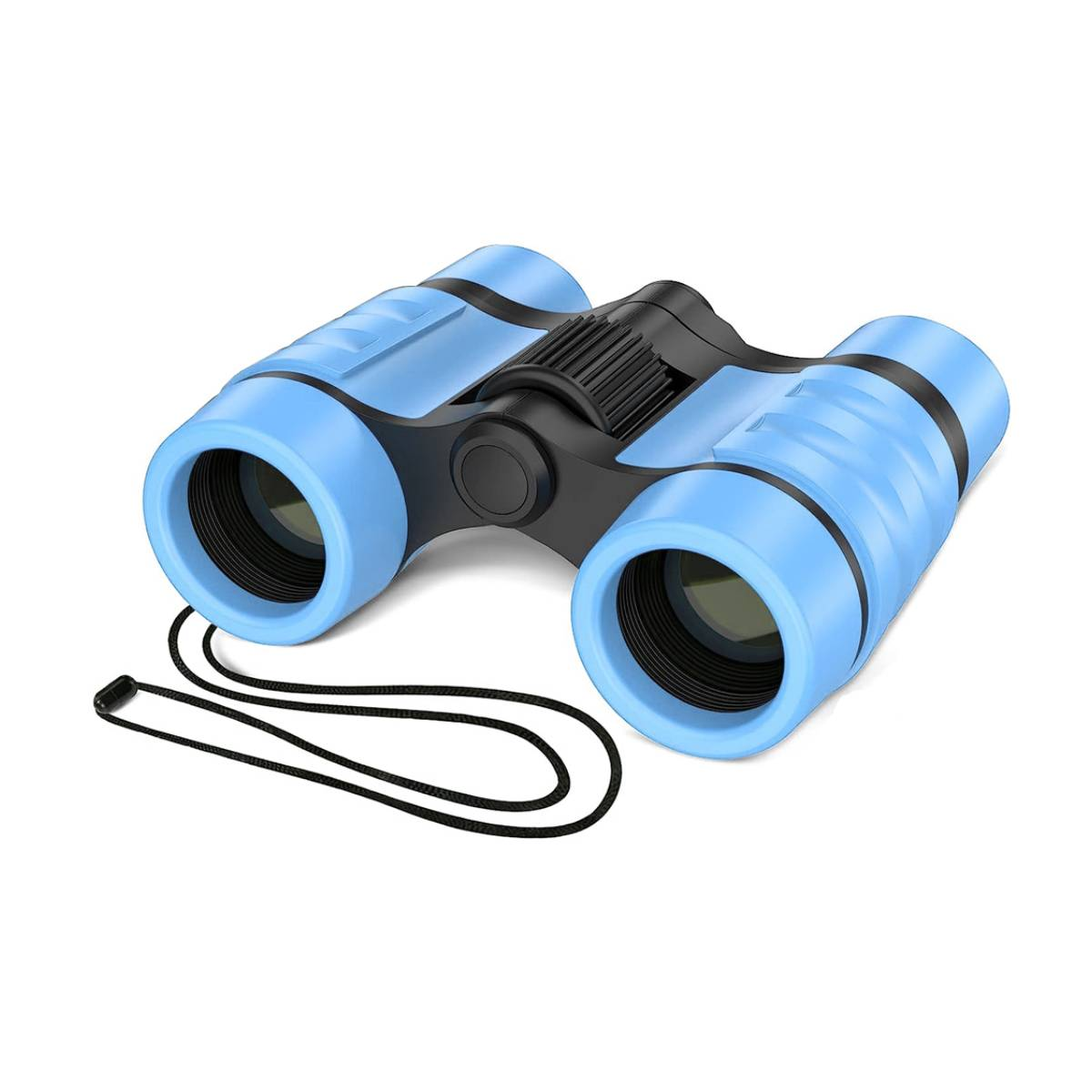Binocolo blu con cinturino nero. Il binocolo è blu e nero.