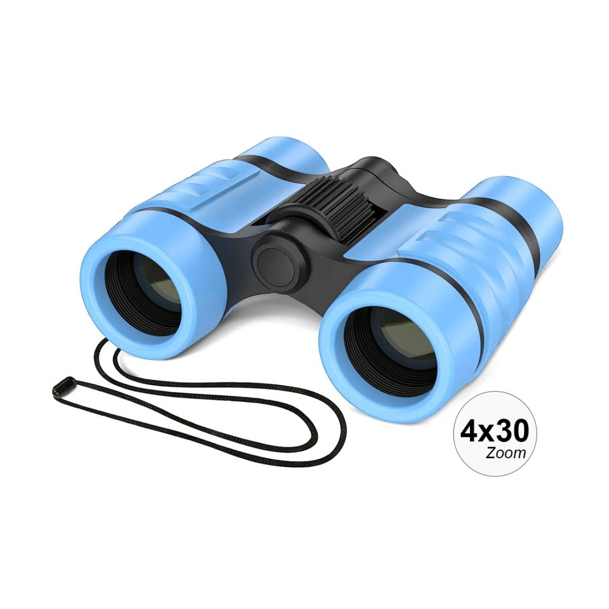 Binocolo blu con dettagli neri. Lo zoom è 4x30. Il binocolo ha un cinturino nero.