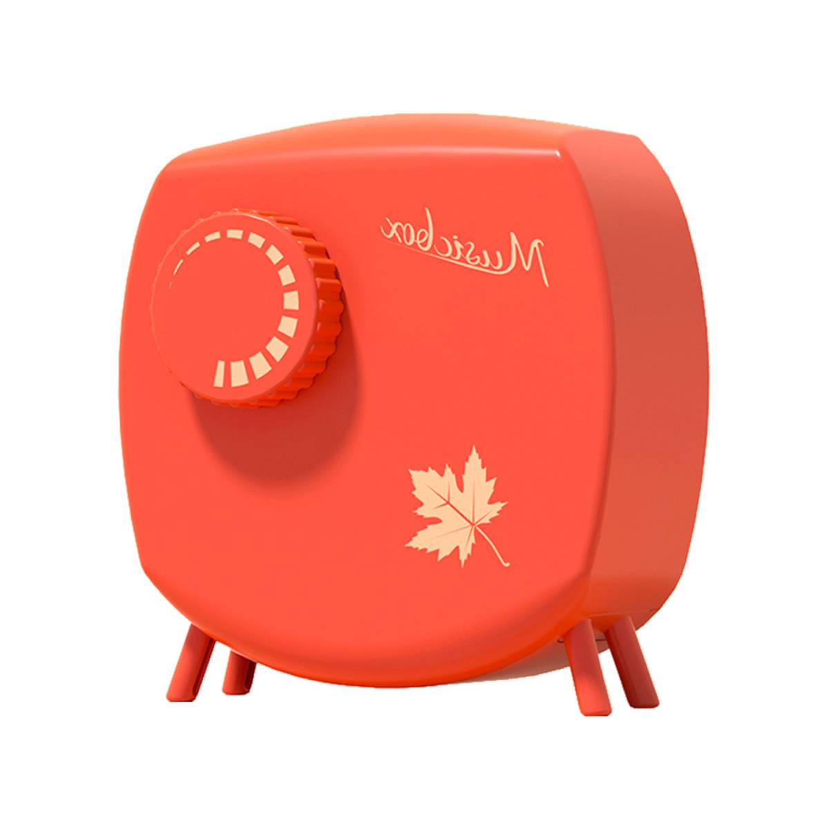 Carillon arancione con decorazione a foglia d'acero e una manopola. Ha le gambe.