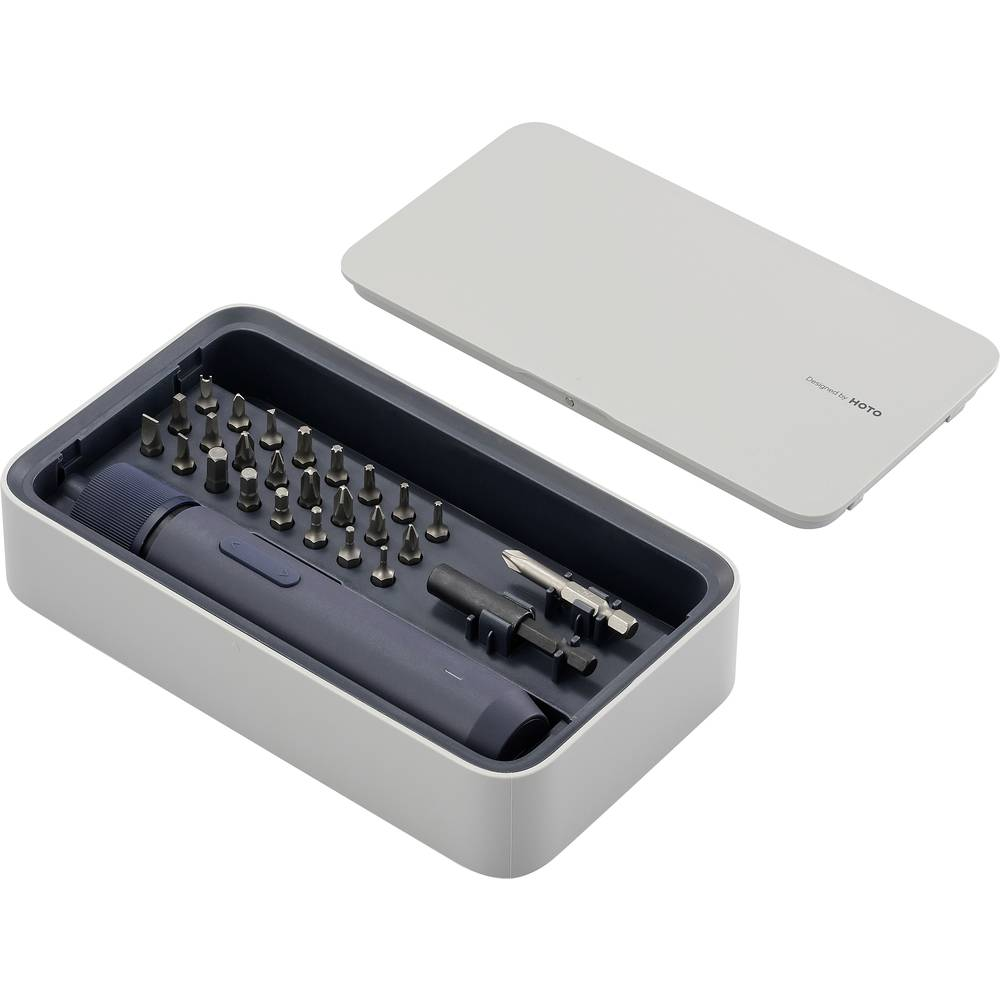 Graues Schraubendreher-Set mit verschiedenen Bits. Die Box ist geöffnet, Werkzeuge im grauen Behälter.