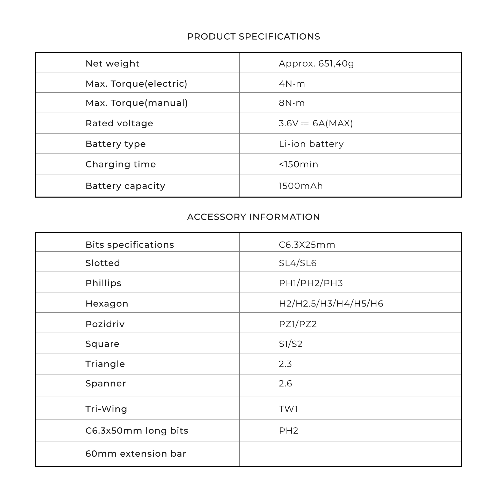 Tabelle mit Produktspezifikationen und Zubehörinformationen.