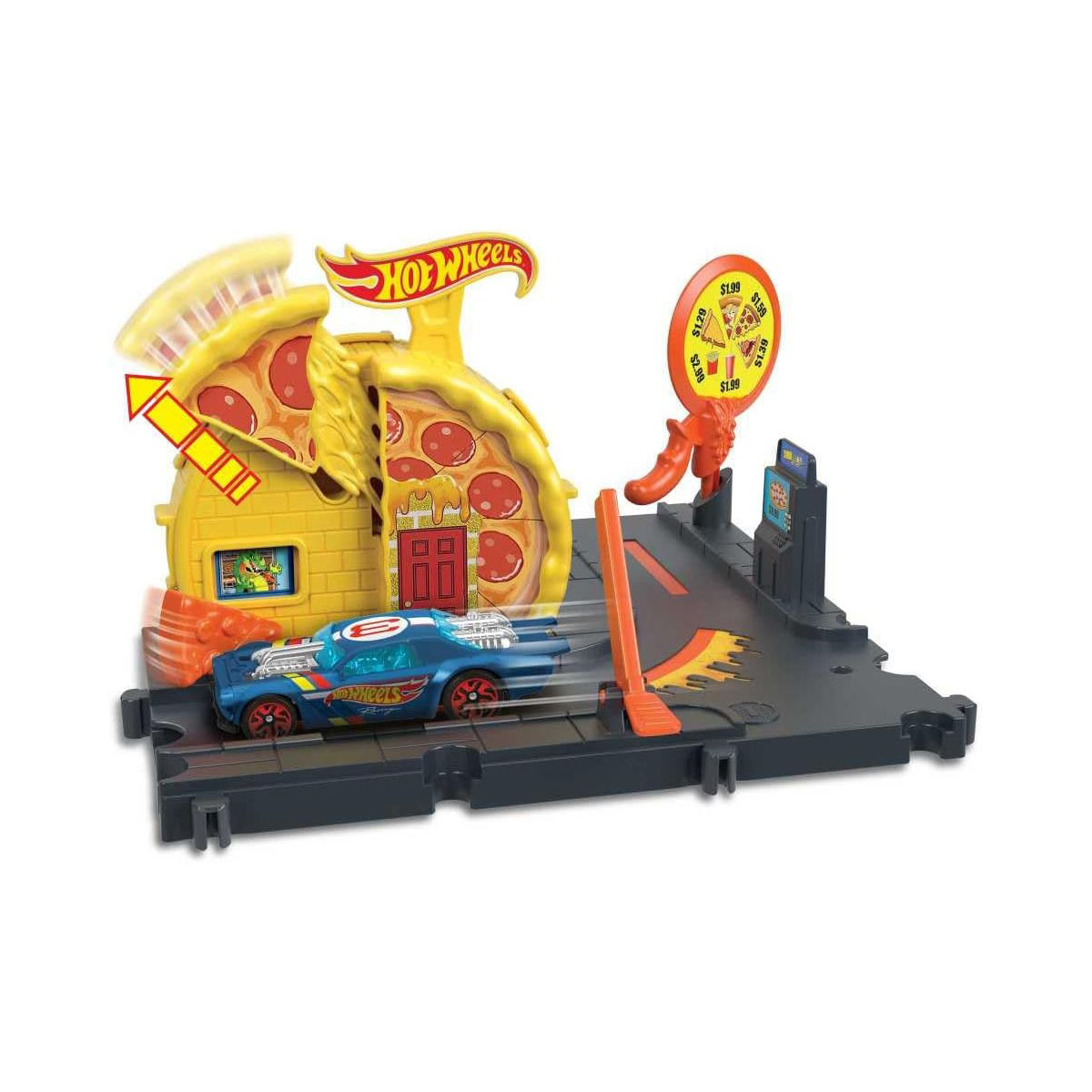 Playset ristorante pizza Hot Wheels con un'auto blu che corre lungo la pista.