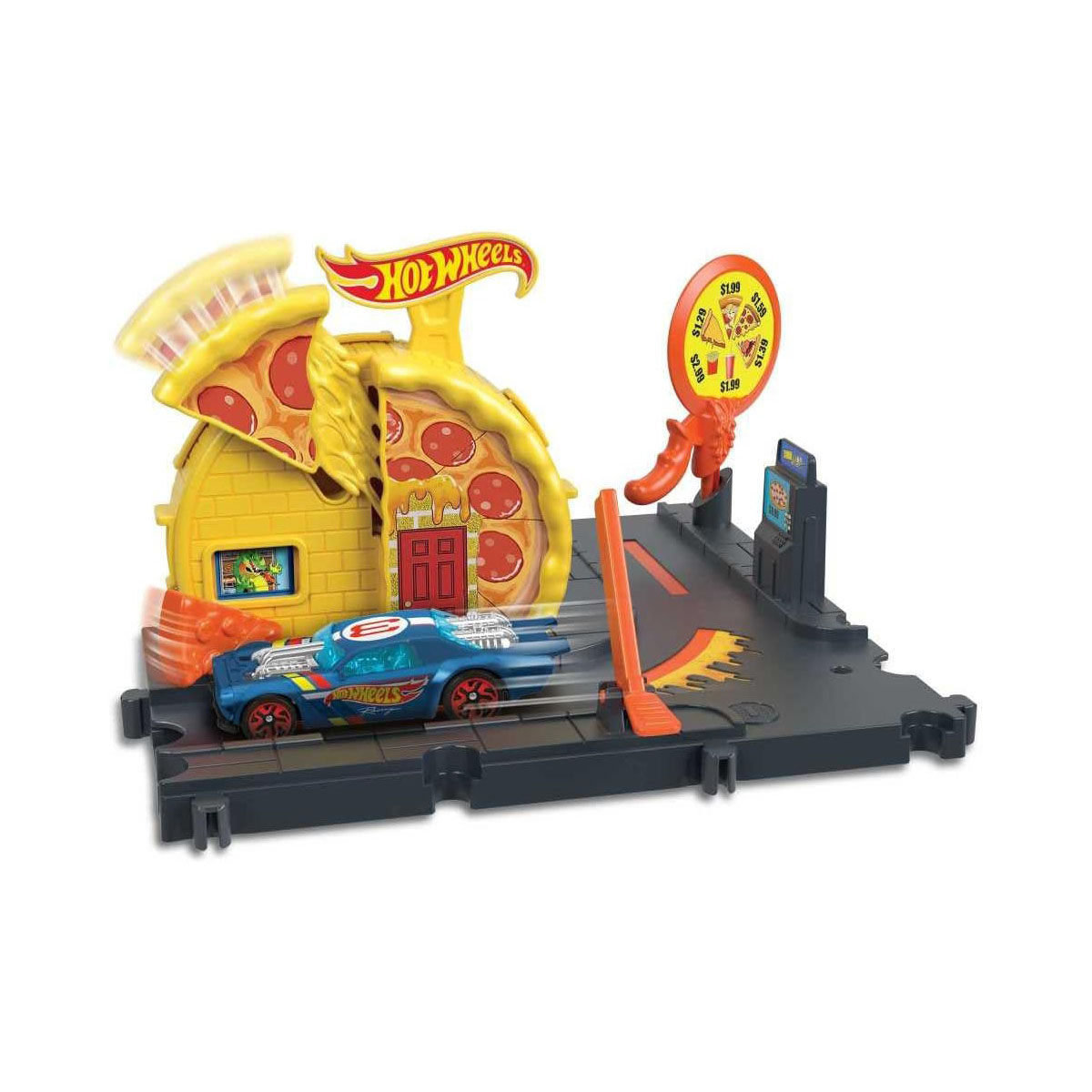 Playset Hot Wheels a tema pizza con un'auto blu. Il set include una pizzeria ed elementi pista.