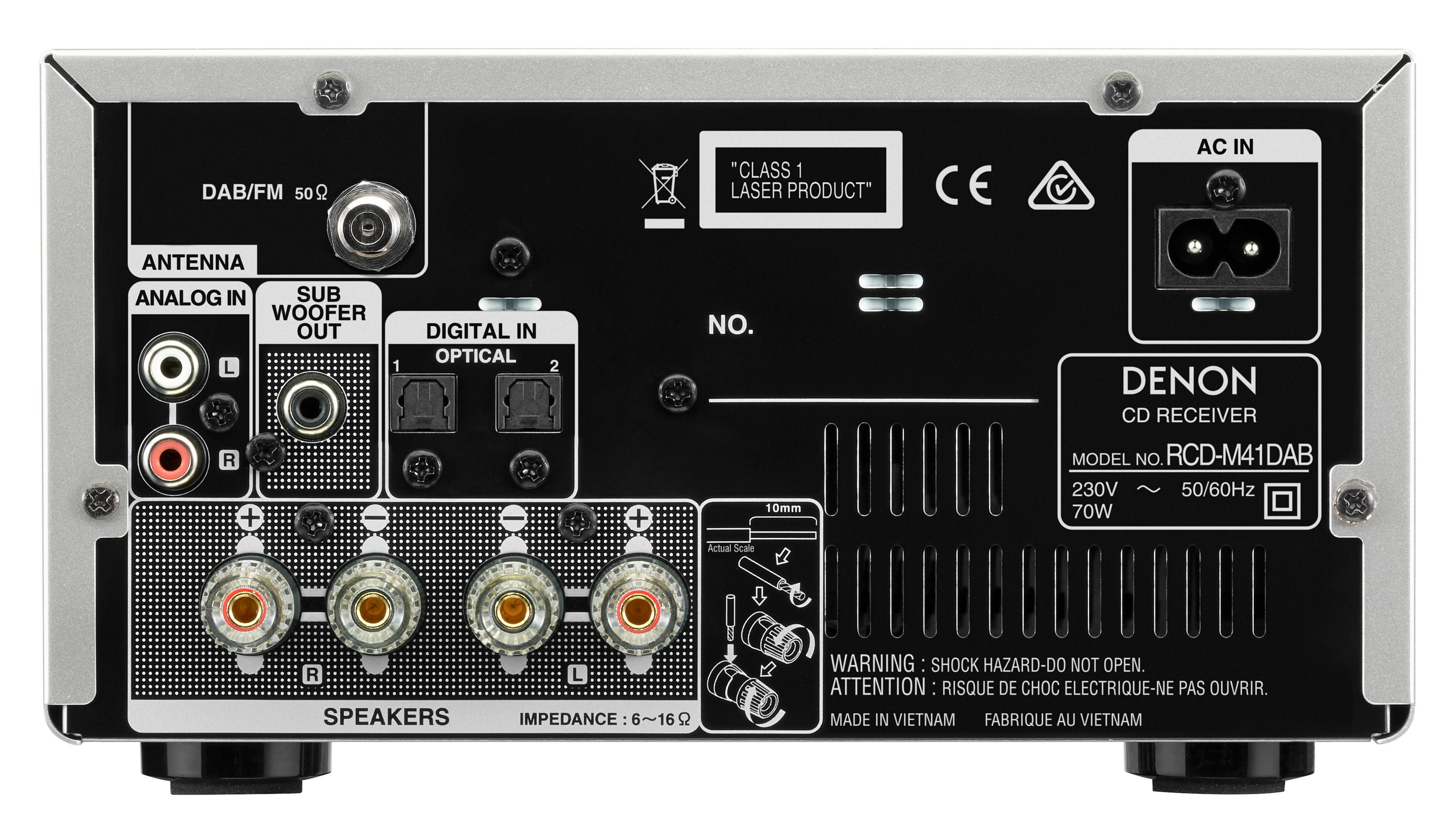 Vista posteriore di un ricevitore CD Denon con varie porte di connessione ed etichette.