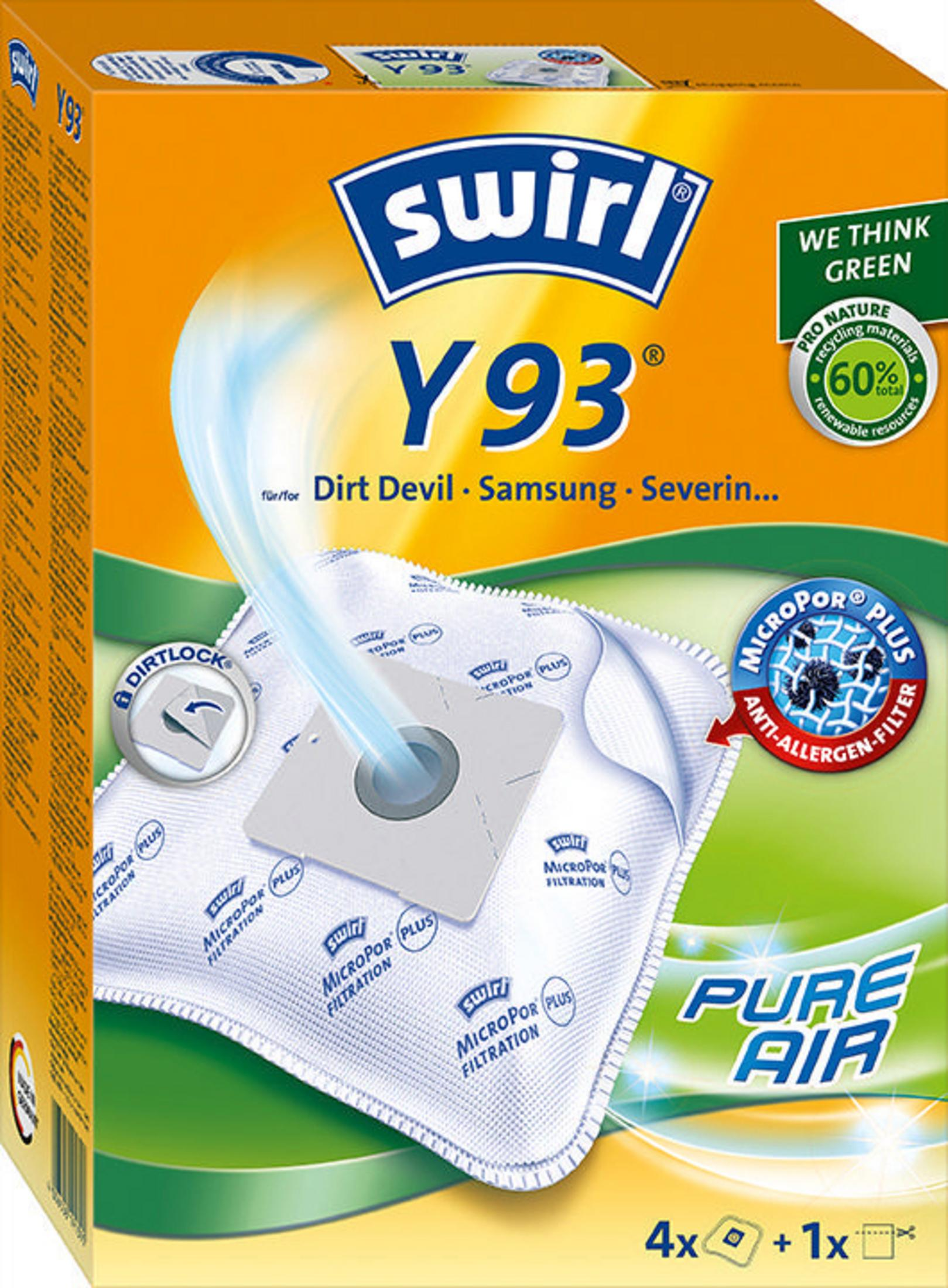 Karton Staubsaugerbeutel 'Swirl' mit 'Pure Air' und 'MicroPor Plus' Etiketten.