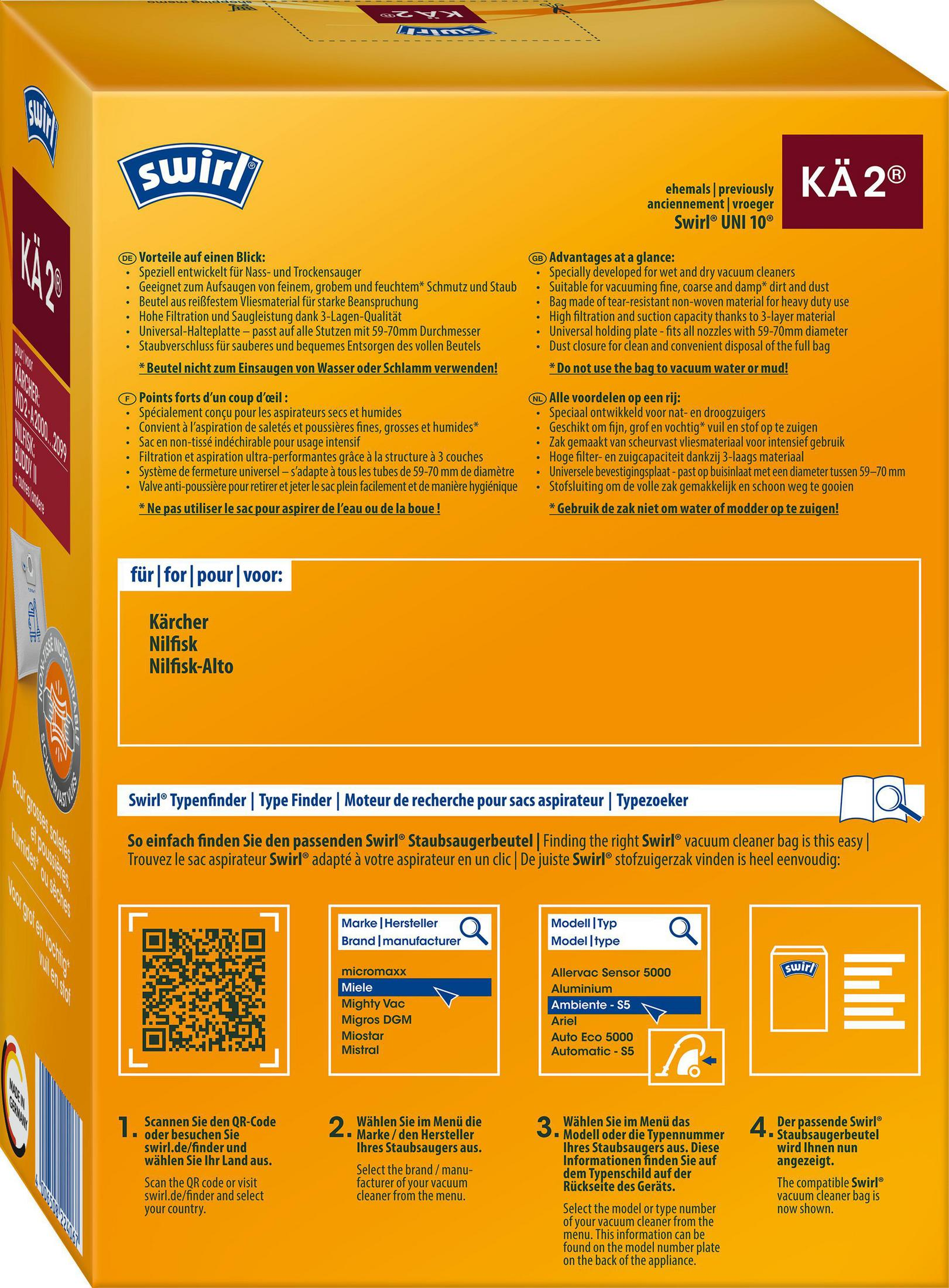 Verpackung eines Staubsaugerbeutels, die das Produkt und Informationen auf der Box zeigt.