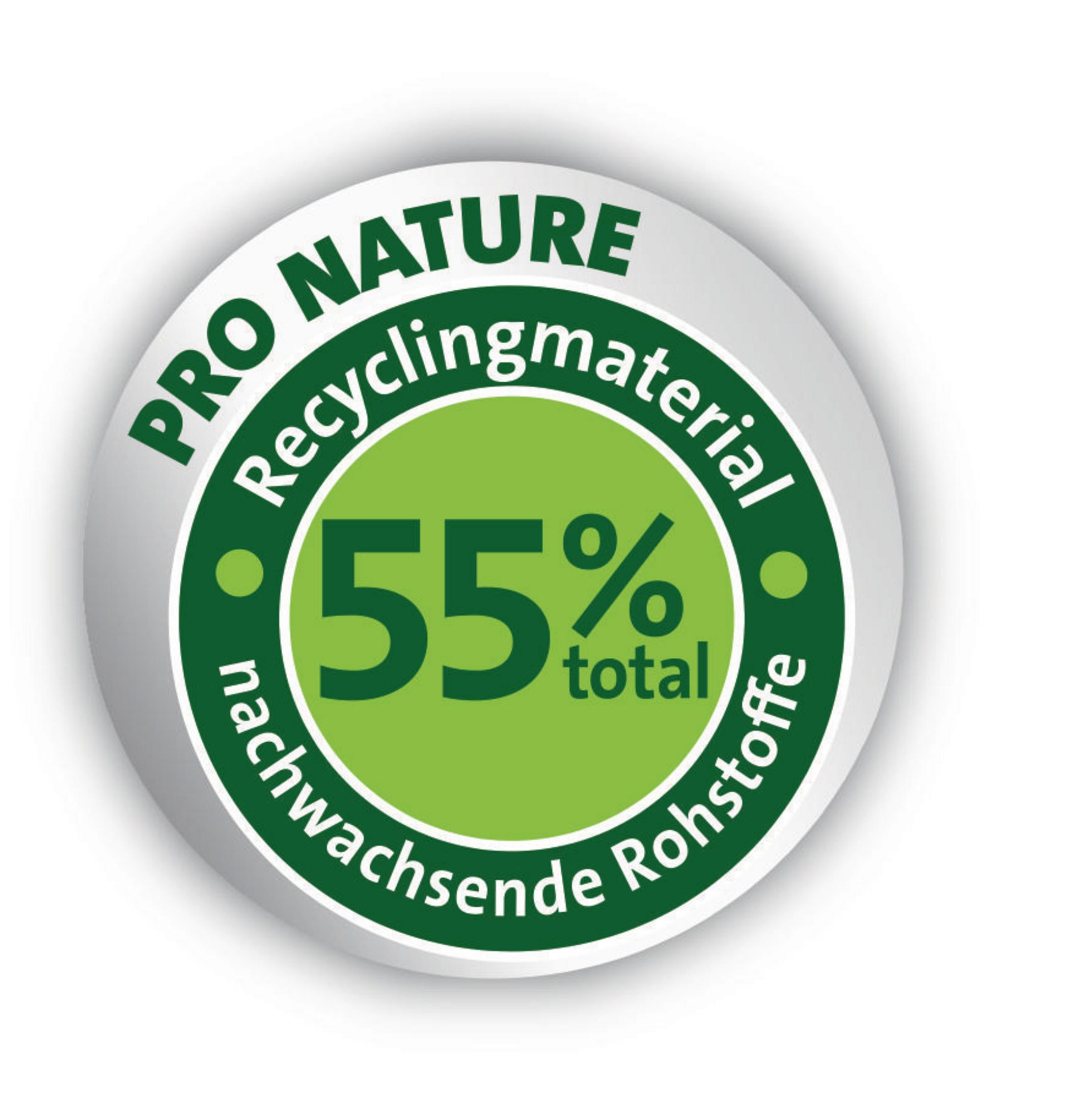 Logotipo circular con texto verde 'PRO NATURE Recyclingmaterial 55% total' sobre fondo blanco.