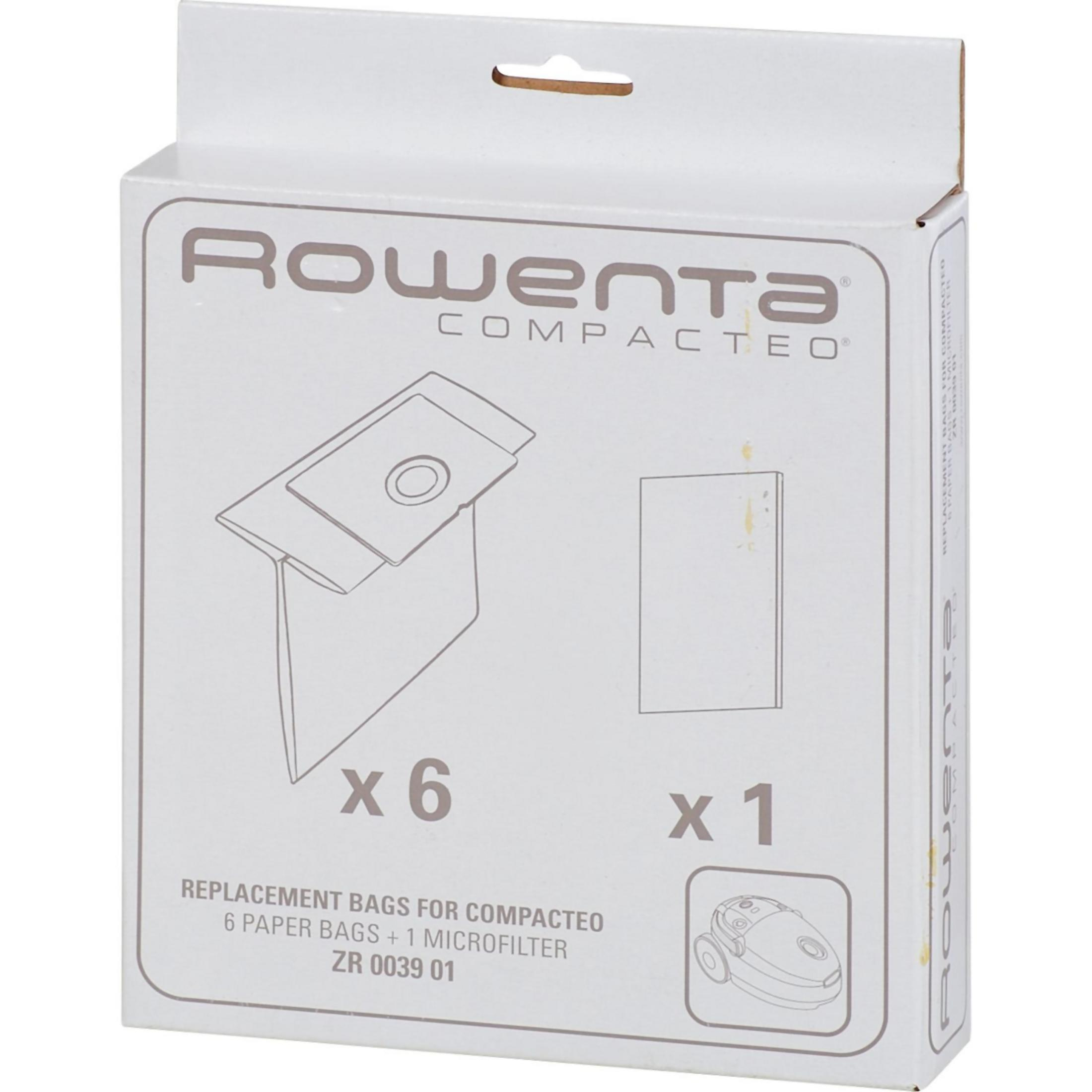 Eine weiße Schachtel mit Rowenta Compacteo Staubsaugerbeuteln mit einer Abbildung eines Beutels und eines Staubsaugers.
