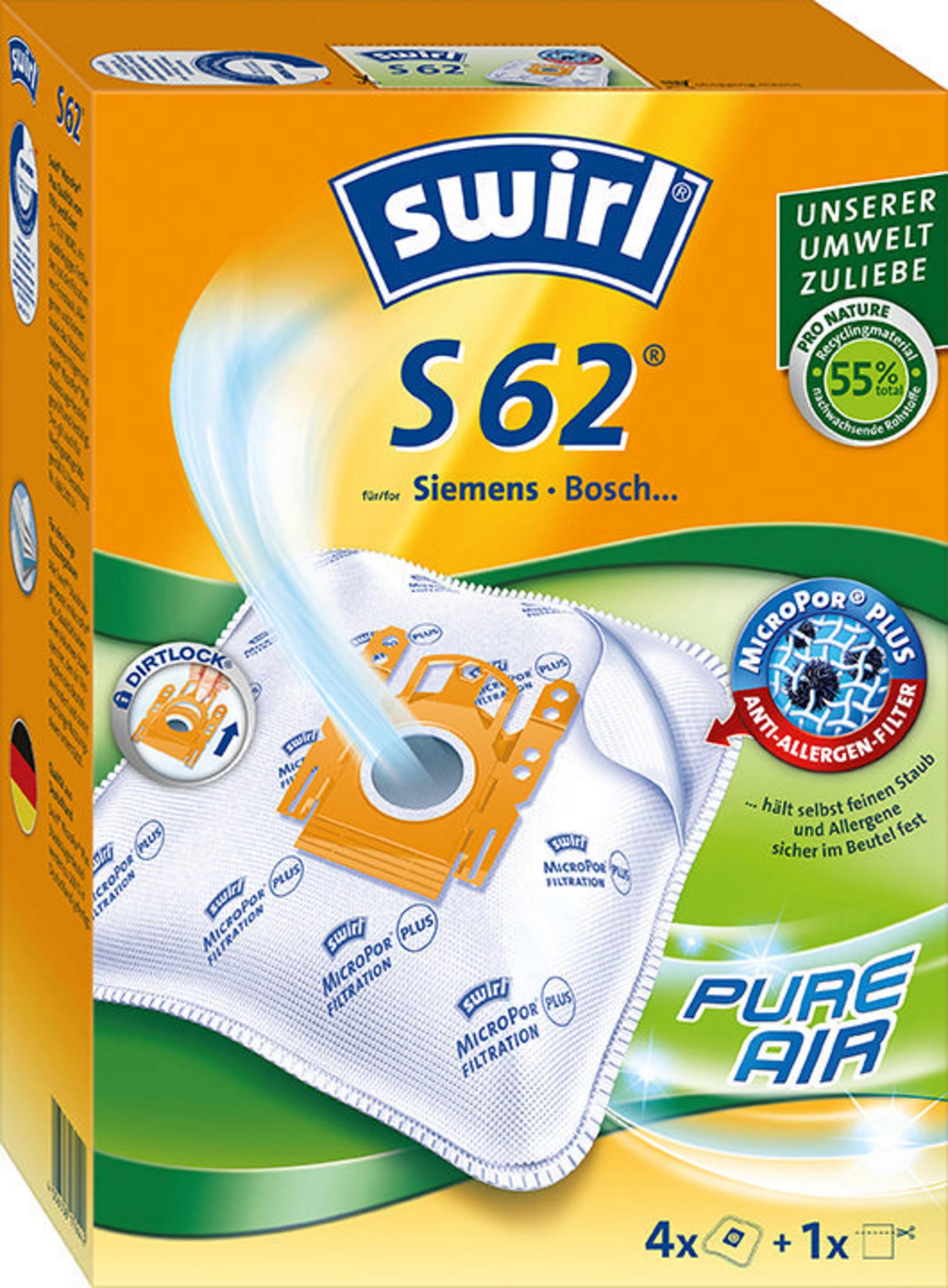 Staubsaugerbeutel-Box mit orange-weißem Design, Text auf Deutsch.